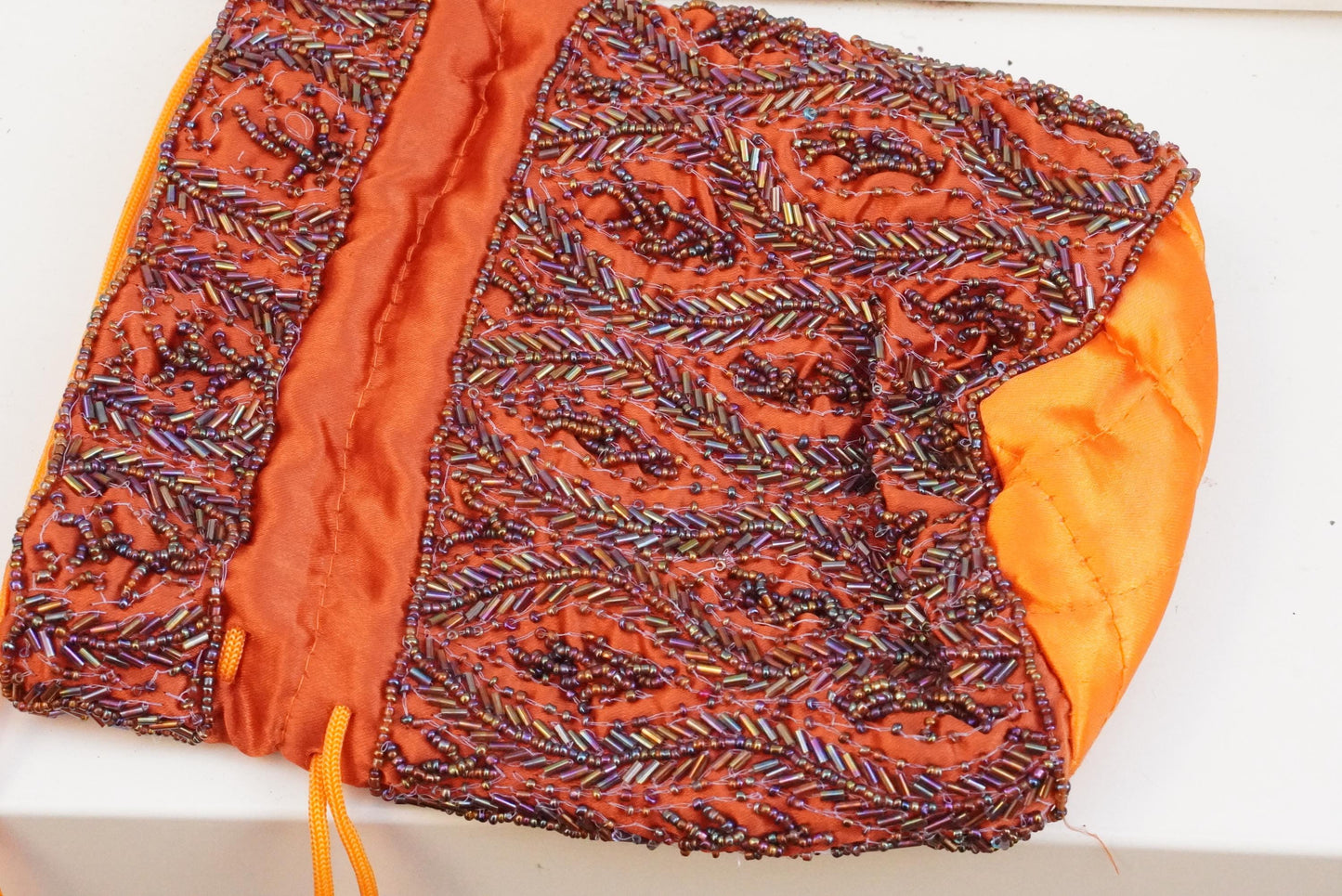 Vintage Beaded Drawstring Pouch Bag Orange Silk Satin Boho Evening Purse Handmade