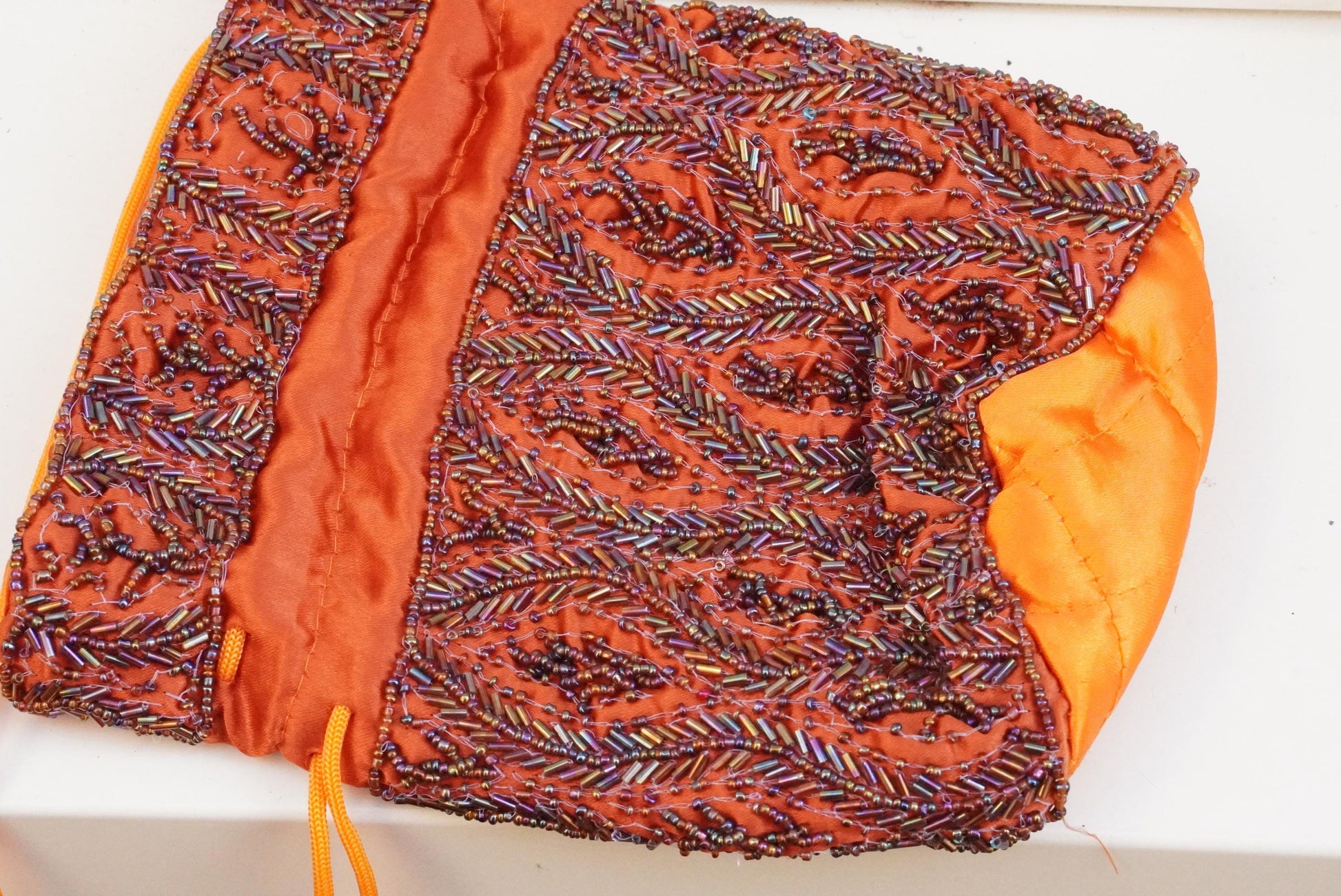 Vintage Beaded Drawstring Pouch Bag Orange Silk Satin Boho Evening Purse Handmade