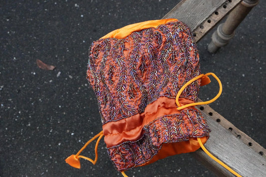 Vintage Beaded Drawstring Pouch Bag Orange Silk Satin Boho Evening Purse Handmade