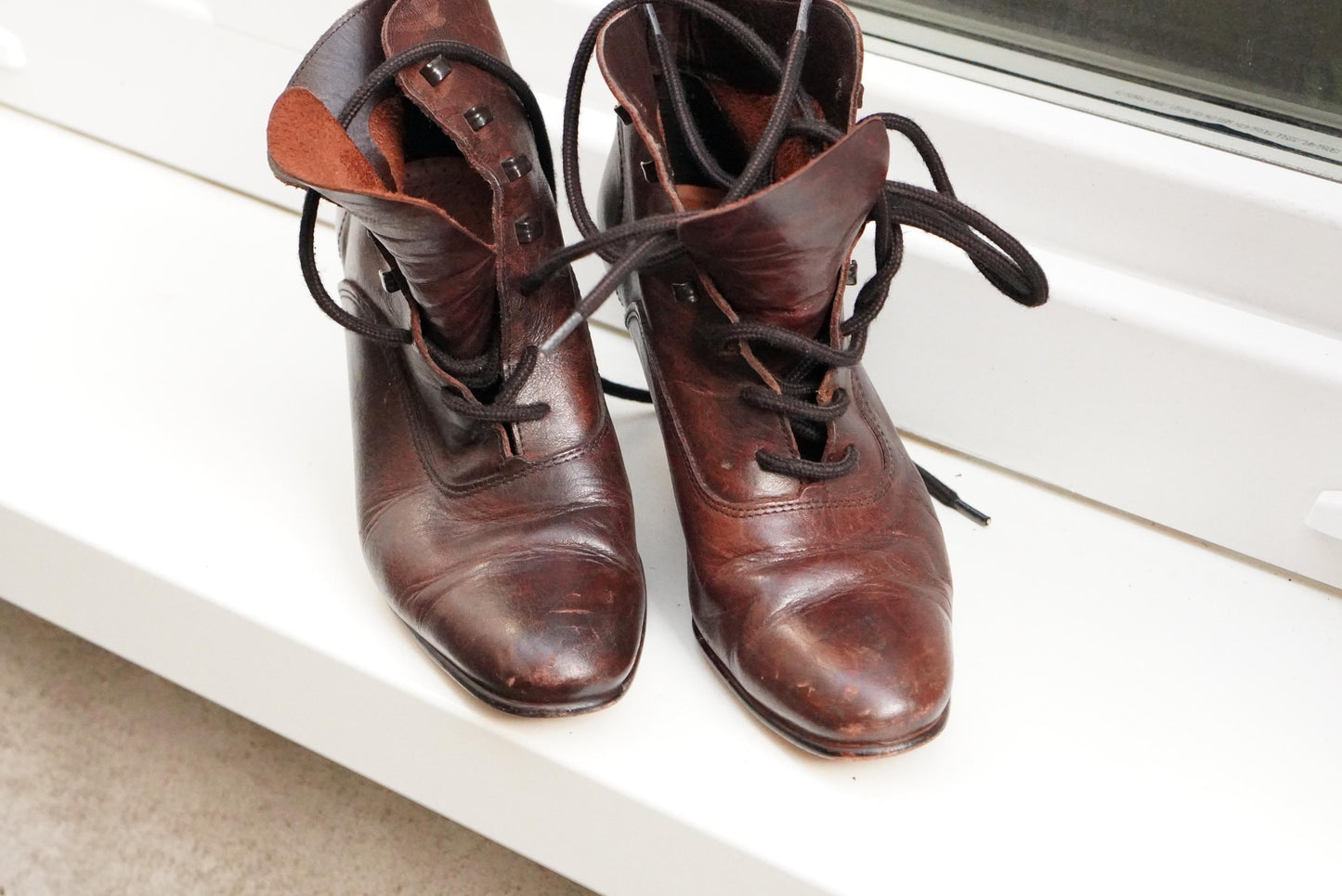 Victorian Style Leather Lace Up Boots Brown Granny Ankle Boots Witchy Heel Size 37