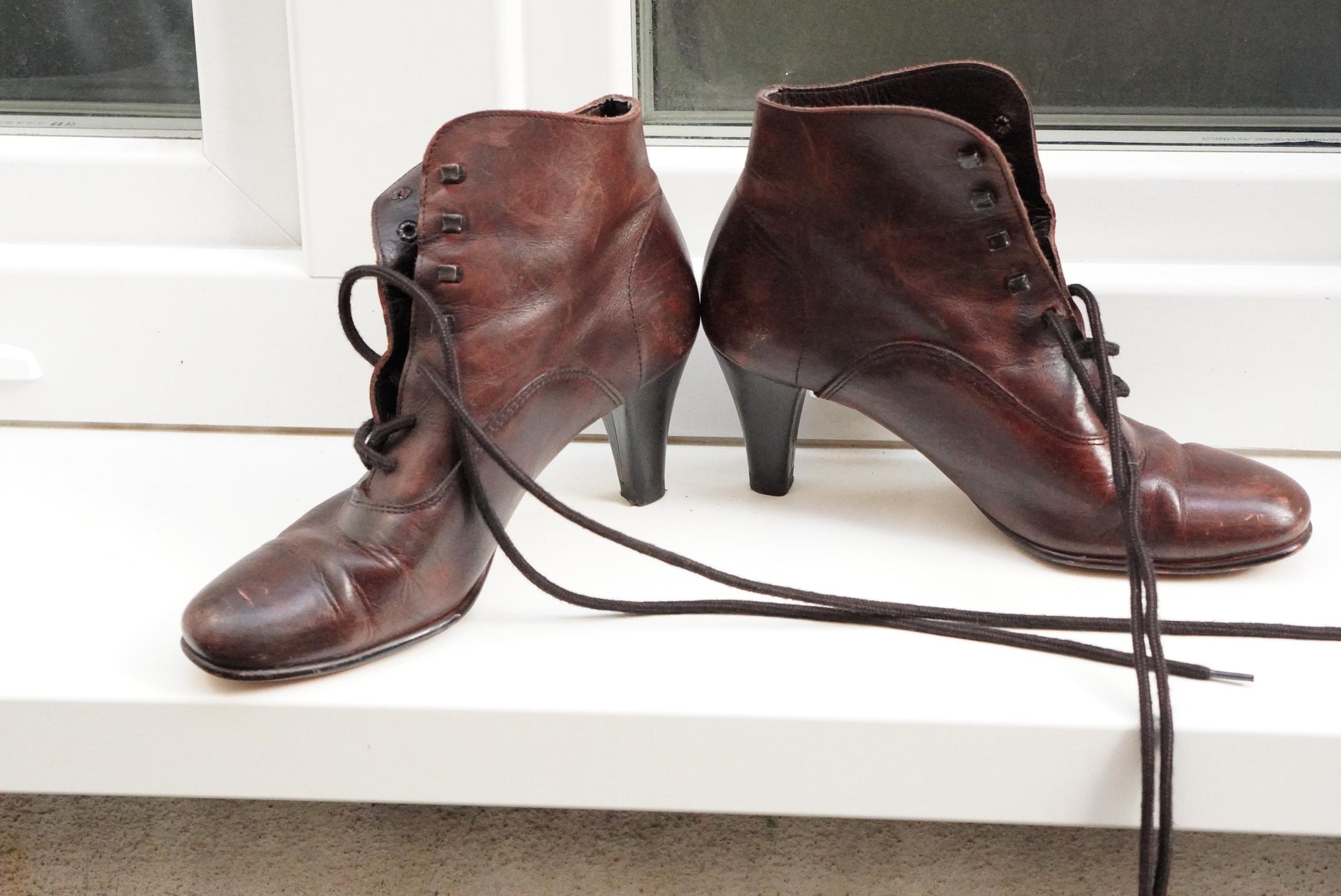 Victorian Style Leather Lace Up Boots Brown Granny Ankle Boots Witchy Heel Size 37