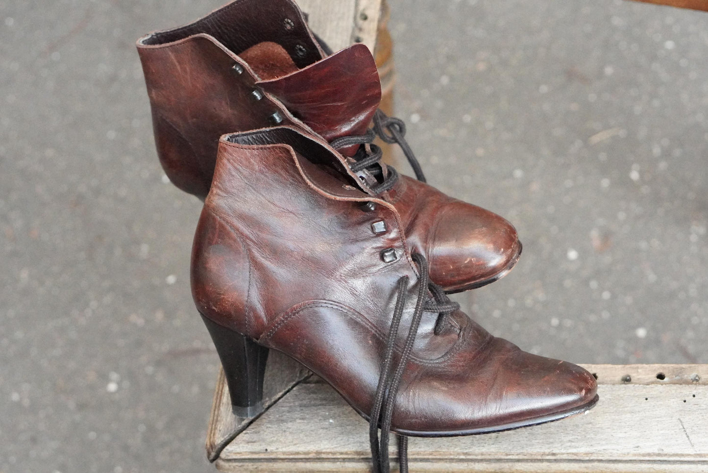 Victorian Style Leather Lace Up Boots Brown Granny Ankle Boots Witchy Heel Size 37
