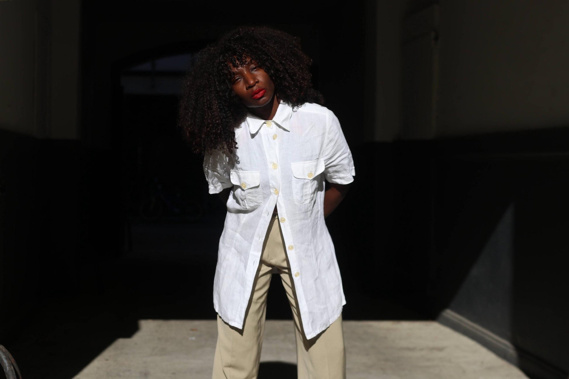 Vintage White Linen Blouse Short Sleeve Button Down Shirt Pocket Detail