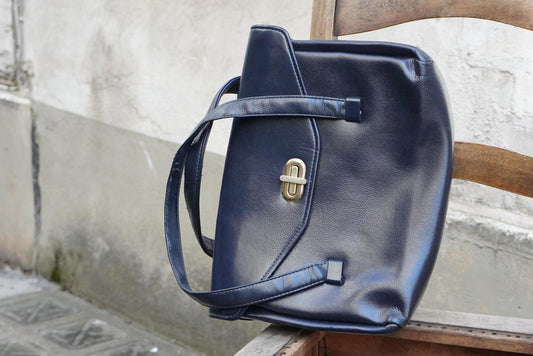 Navy Blue Top Handle Bag Vintage 60s Structured Satchel Gold Twist Lock Retro