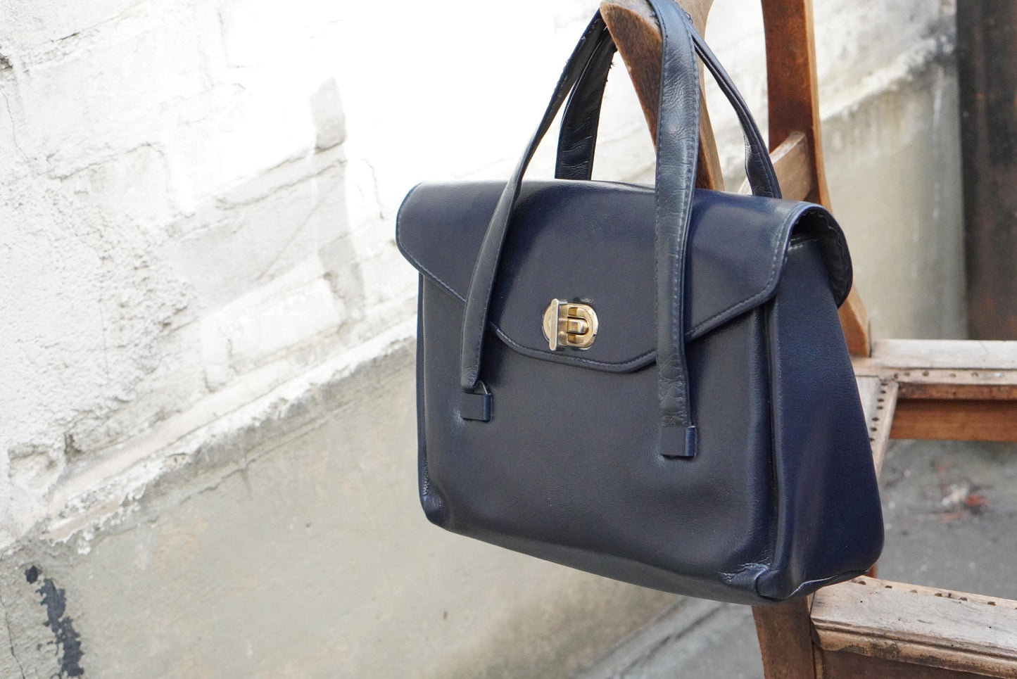 Navy Blue Top Handle Bag Vintage 60s Structured Satchel Gold Twist Lock Retro