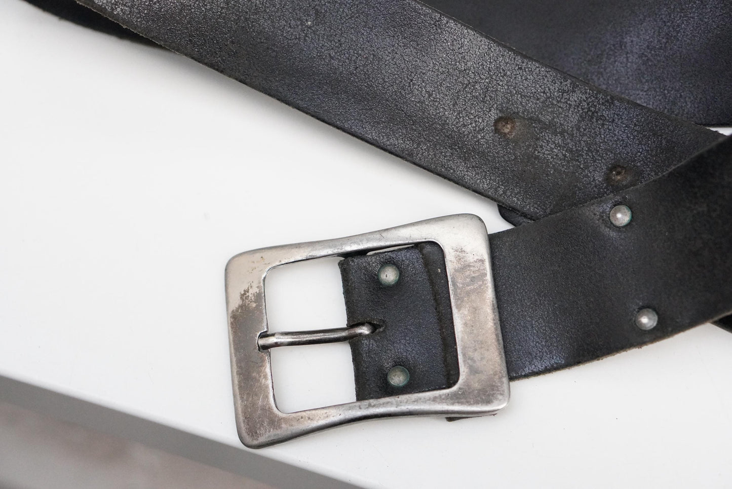 Vintage Black Leather Belt 36 90 Silver Rectangular Buckle Distressed Grunge 90s