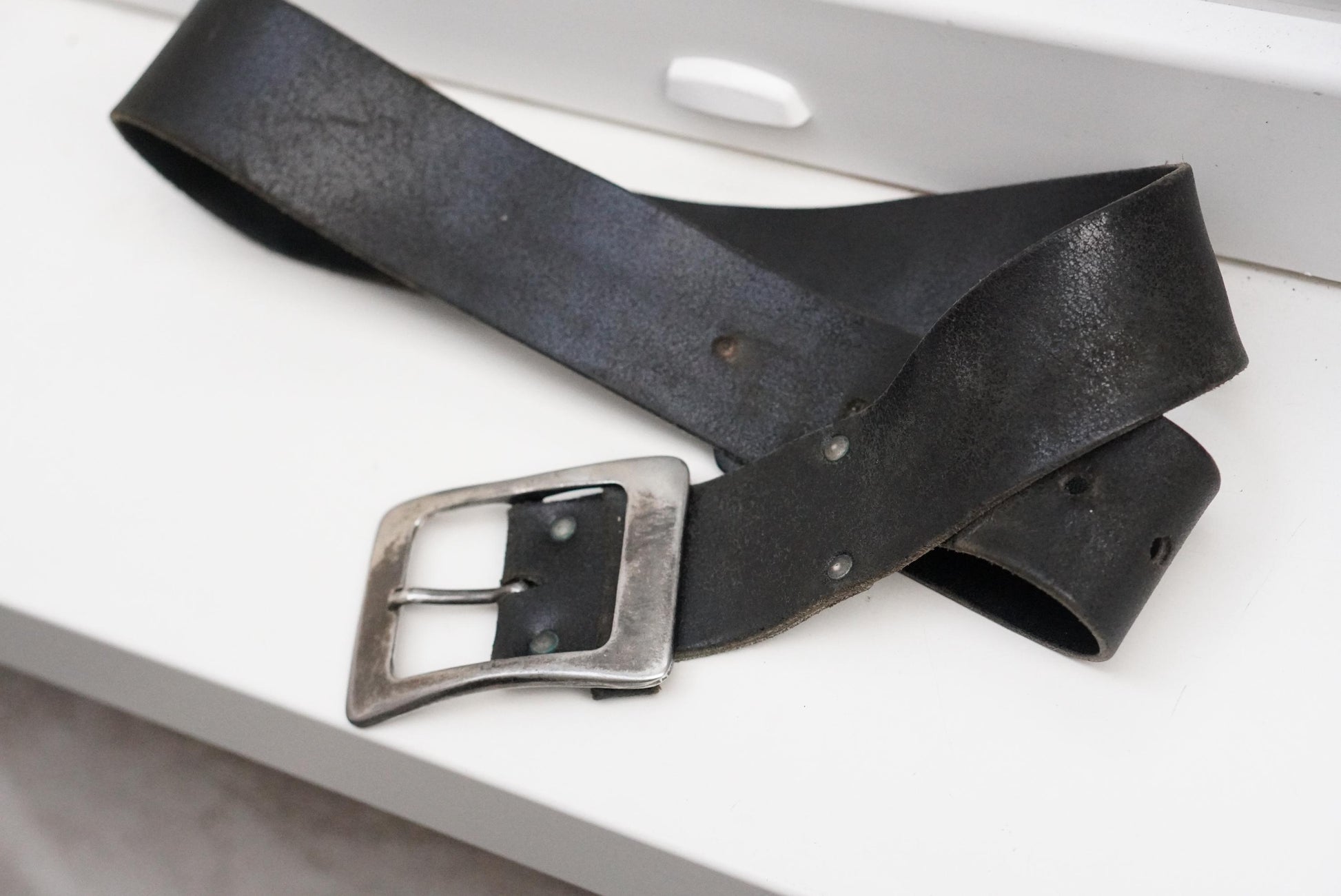Vintage Black Leather Belt 36 90 Silver Rectangular Buckle Distressed Grunge 90s