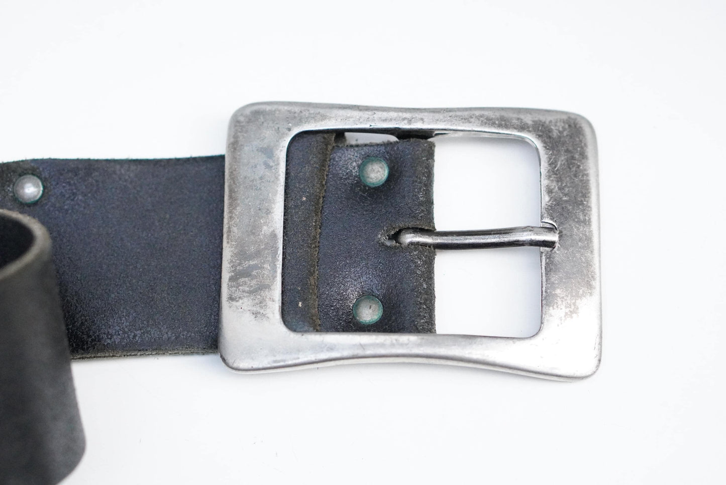 Vintage Black Leather Belt 36 90 Silver Rectangular Buckle Distressed Grunge 90s