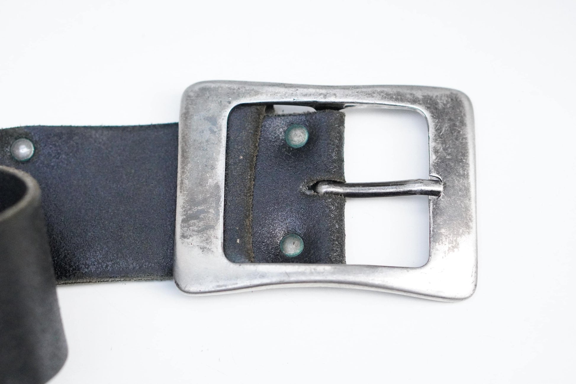 Vintage Black Leather Belt 36 90 Silver Rectangular Buckle Distressed Grunge 90s