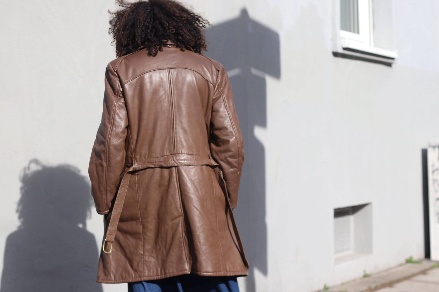 Vintage Brown Leather Trench Coat Mid Length 70s Double Breasted Belted Jacket M