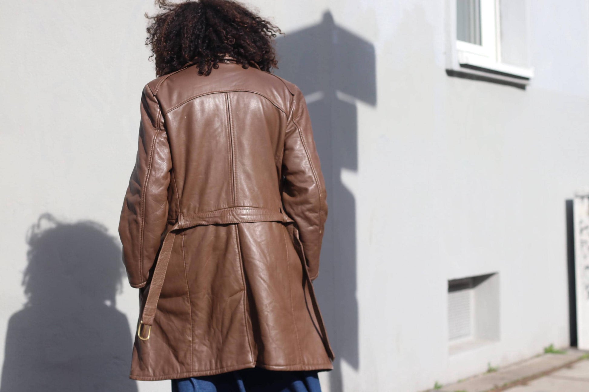 Vintage Brown Leather Trench Coat Mid Length 70s Double Breasted Belted Jacket M
