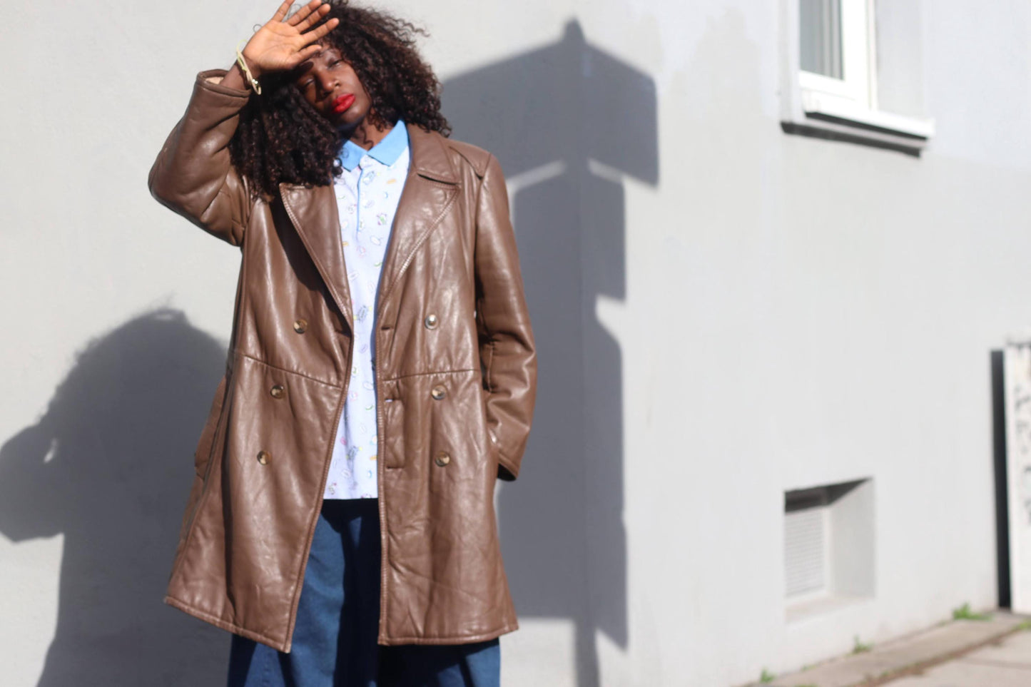 Vintage Brown Leather Trench Coat Mid Length 70s Double Breasted Belted Jacket M