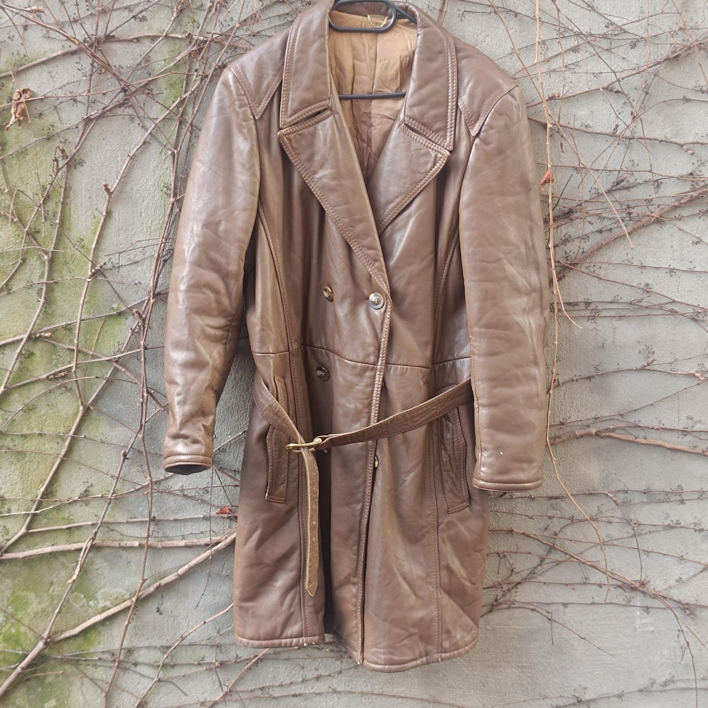 Vintage Brown Leather Trench Coat Mid Length 70s Double Breasted Belted Jacket M