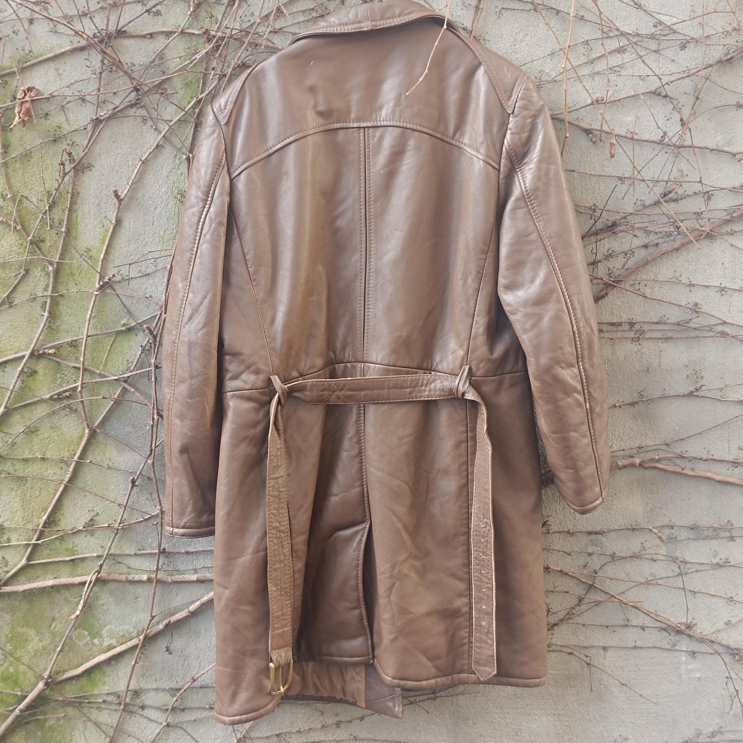 Vintage Brown Leather Trench Coat Mid Length 70s Double Breasted Belted Jacket M