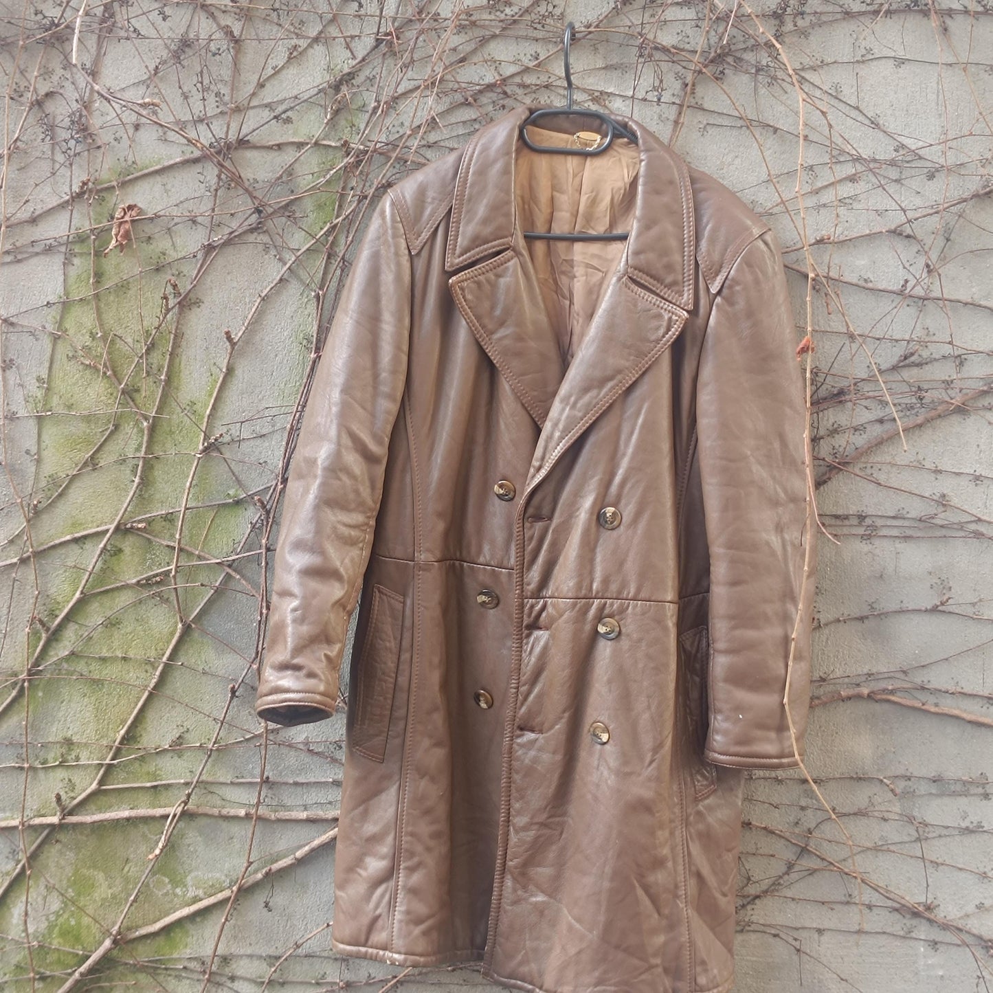Vintage Brown Leather Trench Coat Mid Length 70s Double Breasted Belted Jacket M