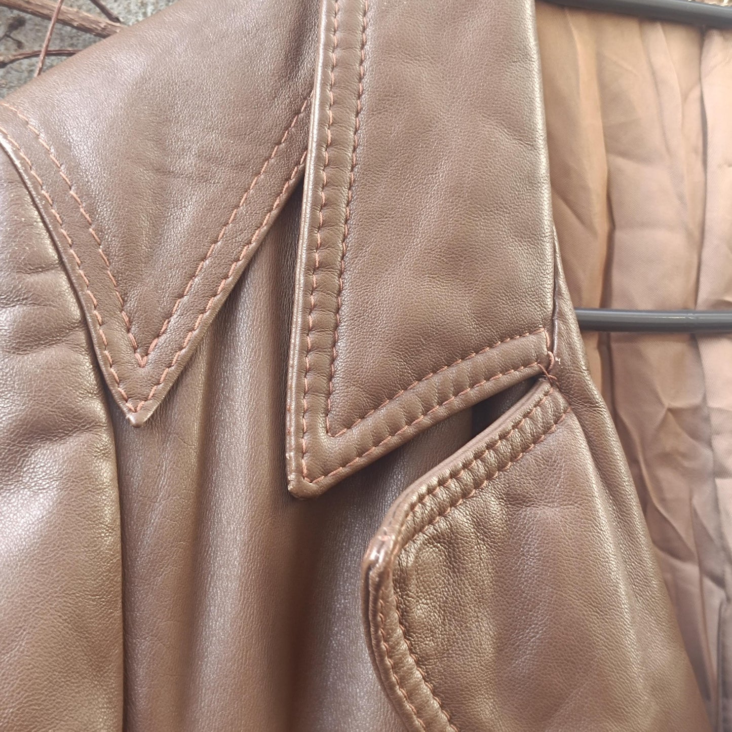 Vintage Brown Leather Trench Coat Mid Length 70s Double Breasted Belted Jacket M