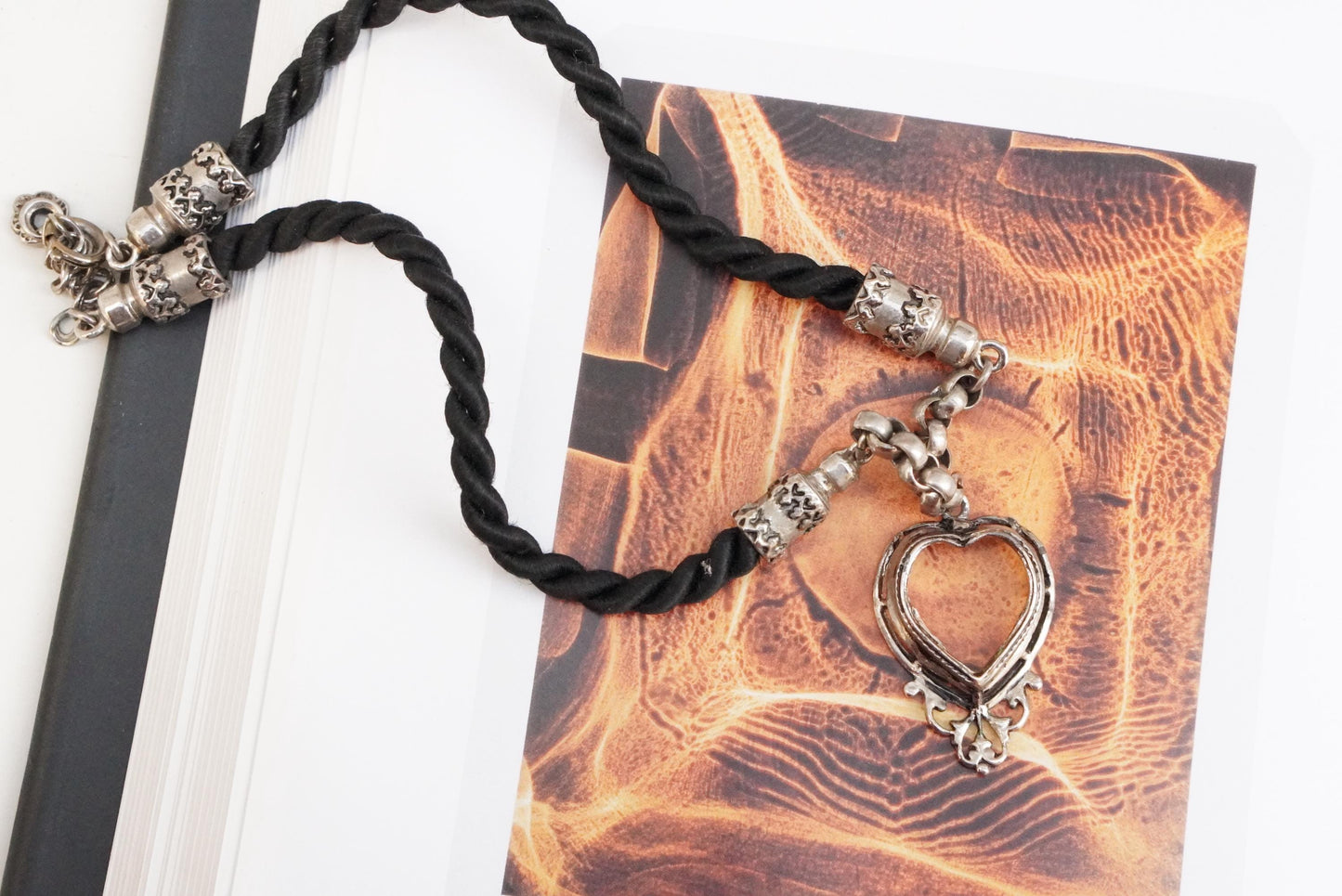 Vintage Filigree Heart Pendant Necklace Black Twisted Cord Silver Tone Trachten