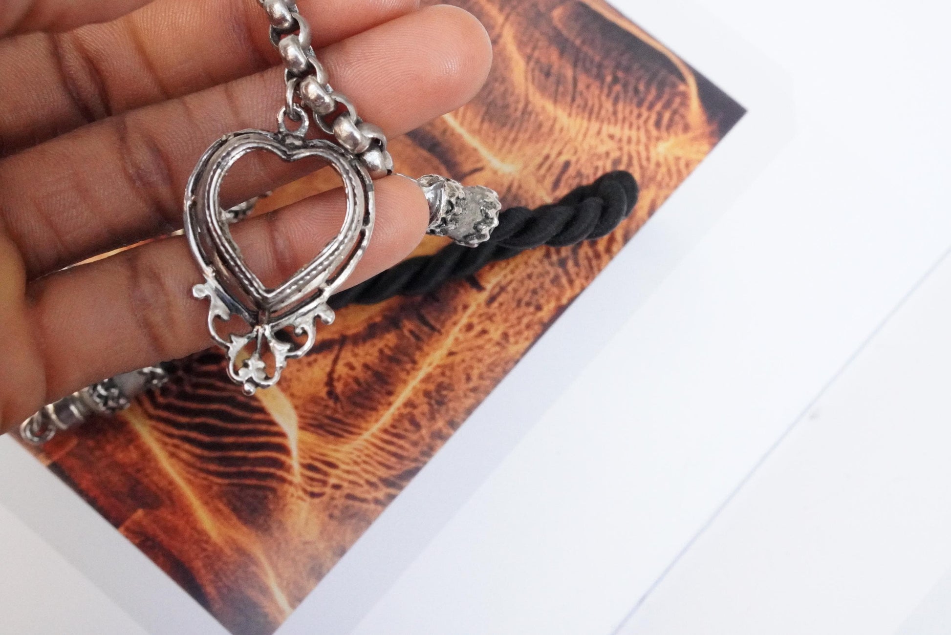 Vintage Filigree Heart Pendant Necklace Black Twisted Cord Silver Tone Trachten