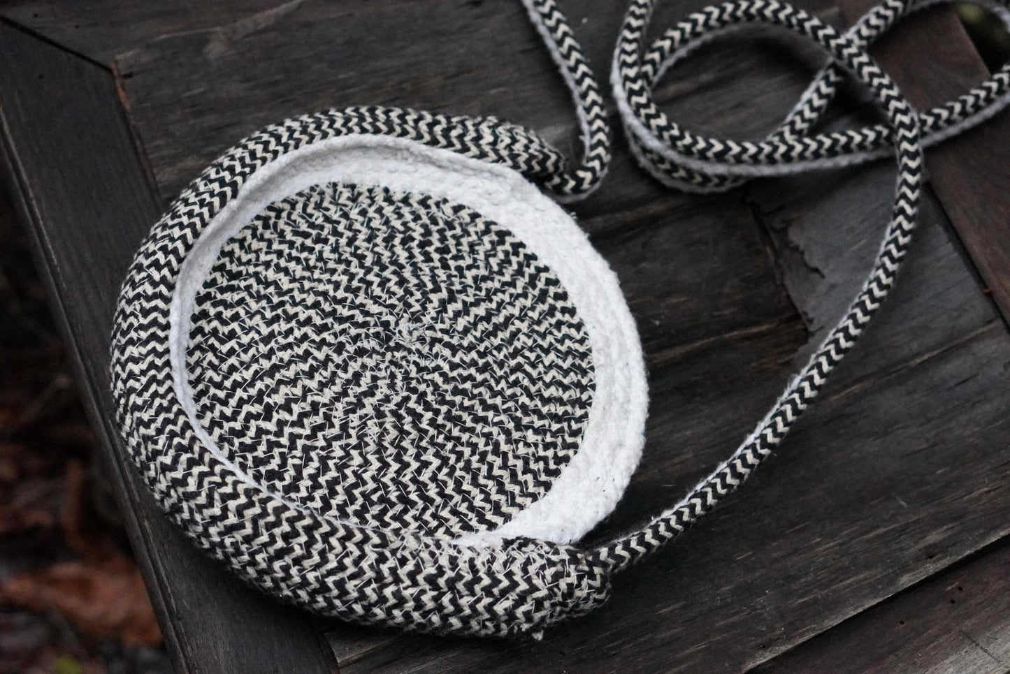 Y2K Cotton Rope Bag, Round Monochrome Crossbody, 2000s Boho Circle Purse, India