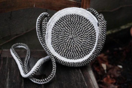 Y2K Cotton Rope Bag, Round Monochrome Crossbody, 2000s Boho Circle Purse, India