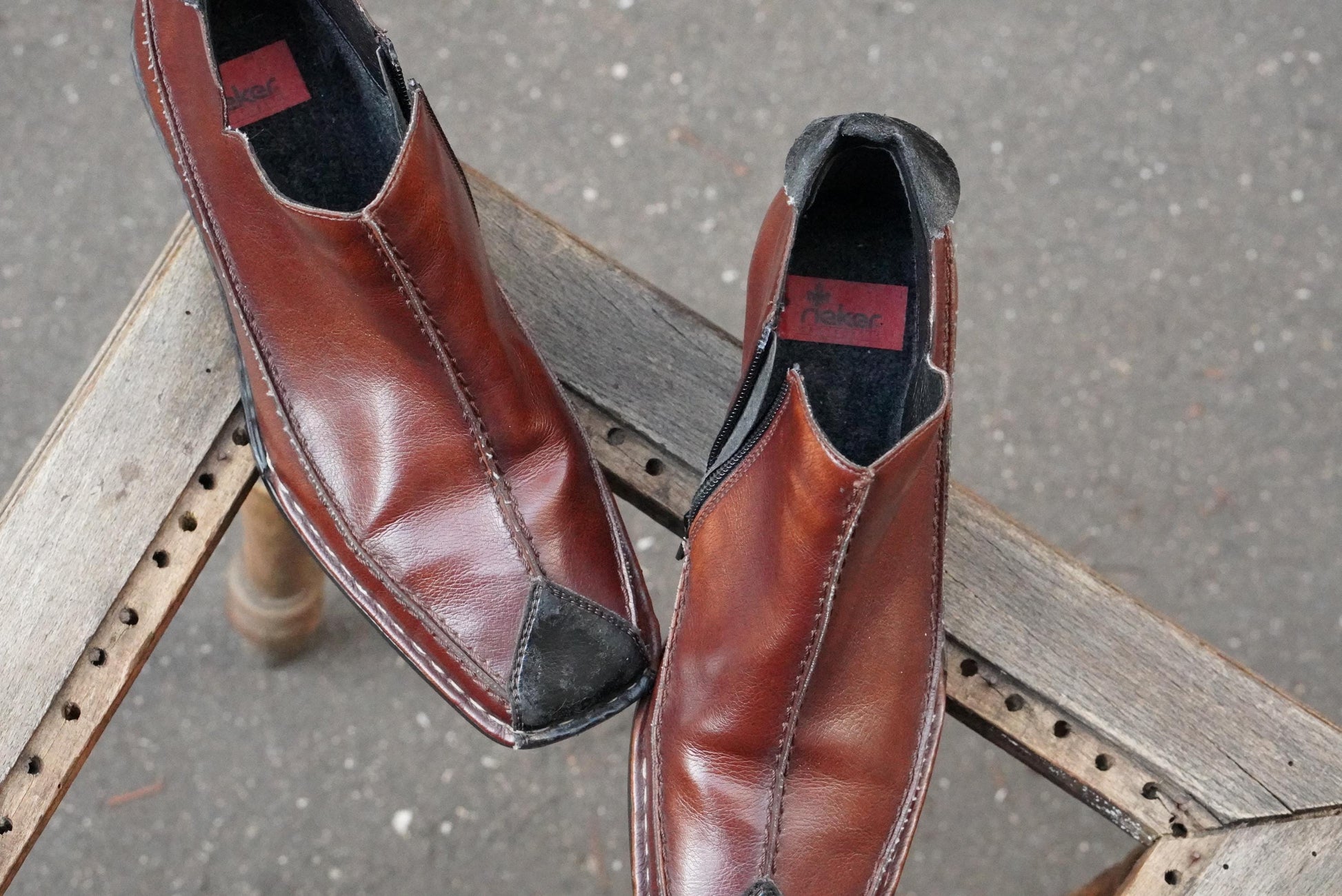 Vintage Rieker Brown Leather Ankle Boots Square Toe Block Heel 90s Minimalist
