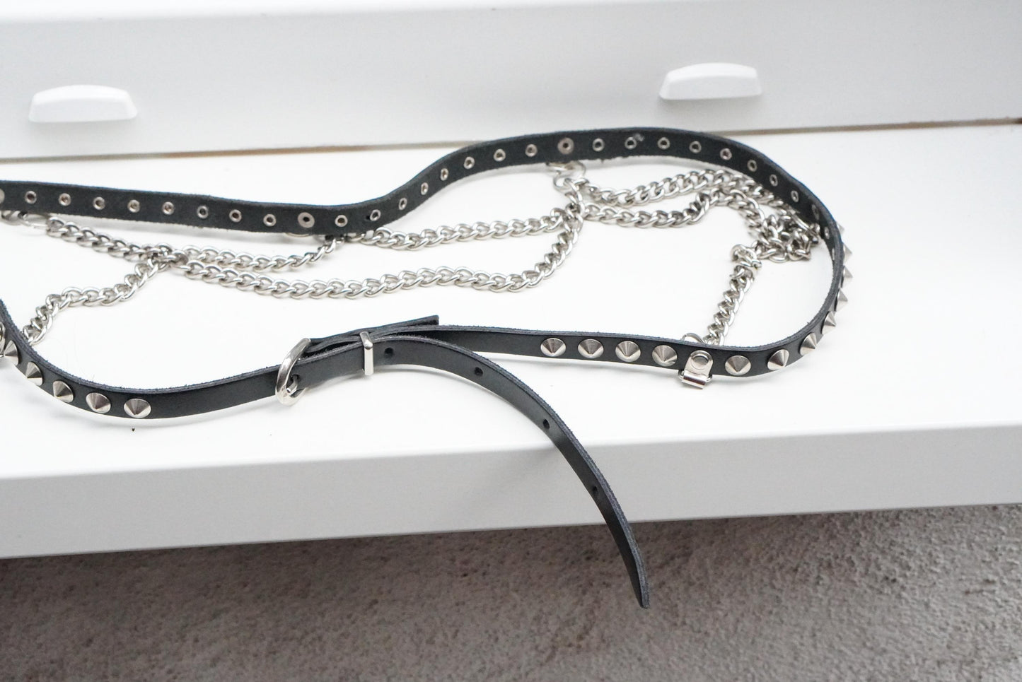 Vintage Studded Leather Chain Belt: 80s Punk Goth Rocker Waist Belt Tiered Accessory