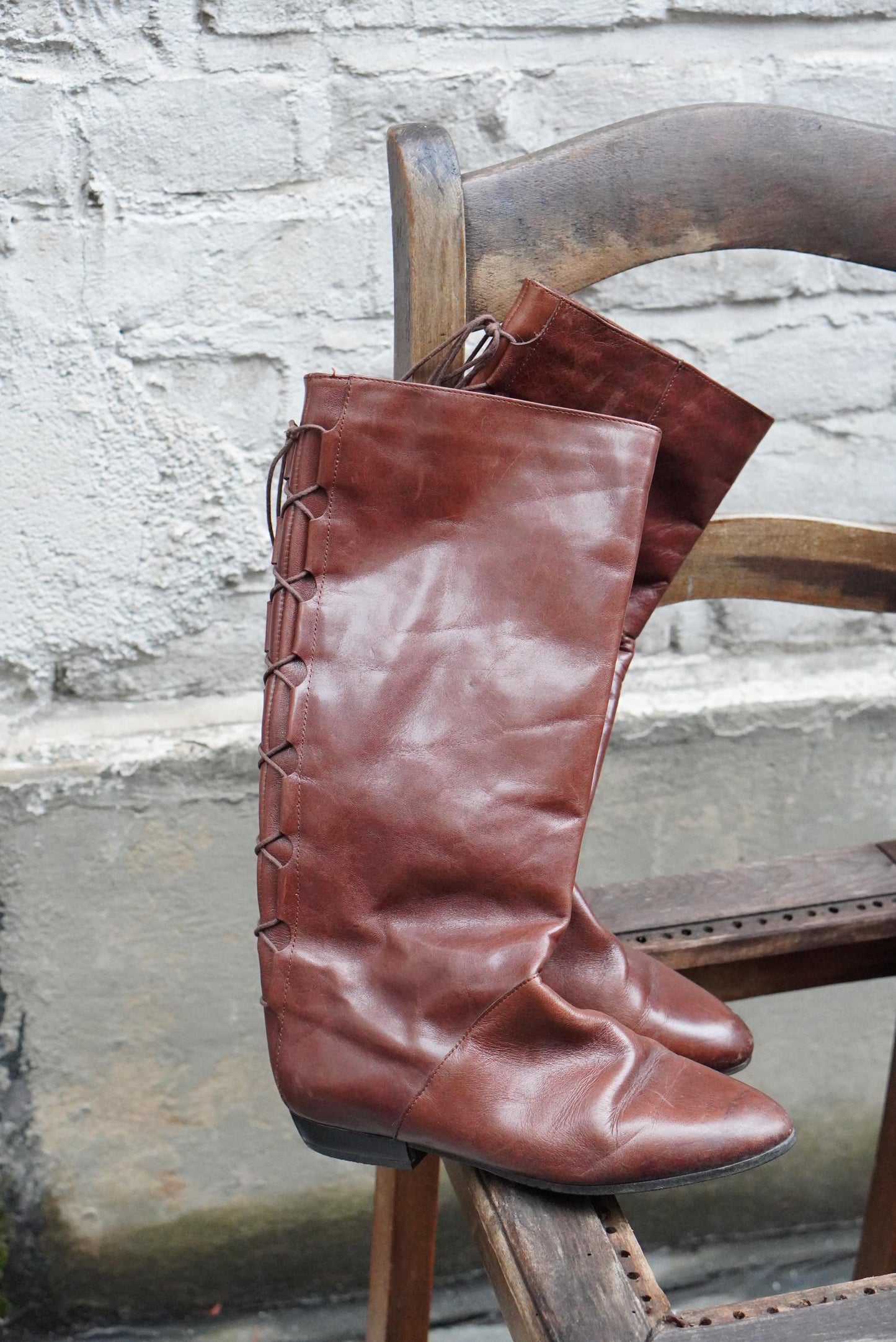 Vintage Brown Leather Slouch Boots, Lace Up Back, EU 37, Boho Pirate Style