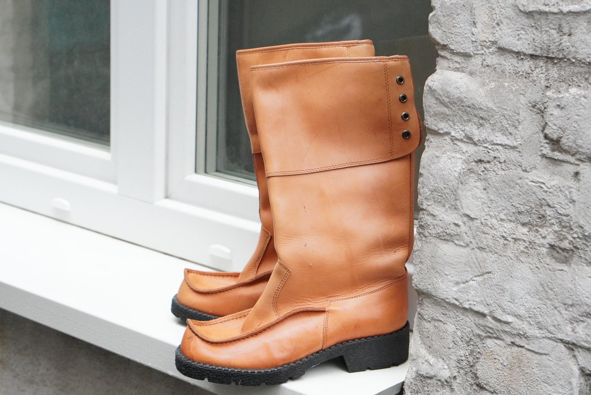 Vintage Tan Leather Moc Toe Tall Boots – 70s Nautical Style Size 37