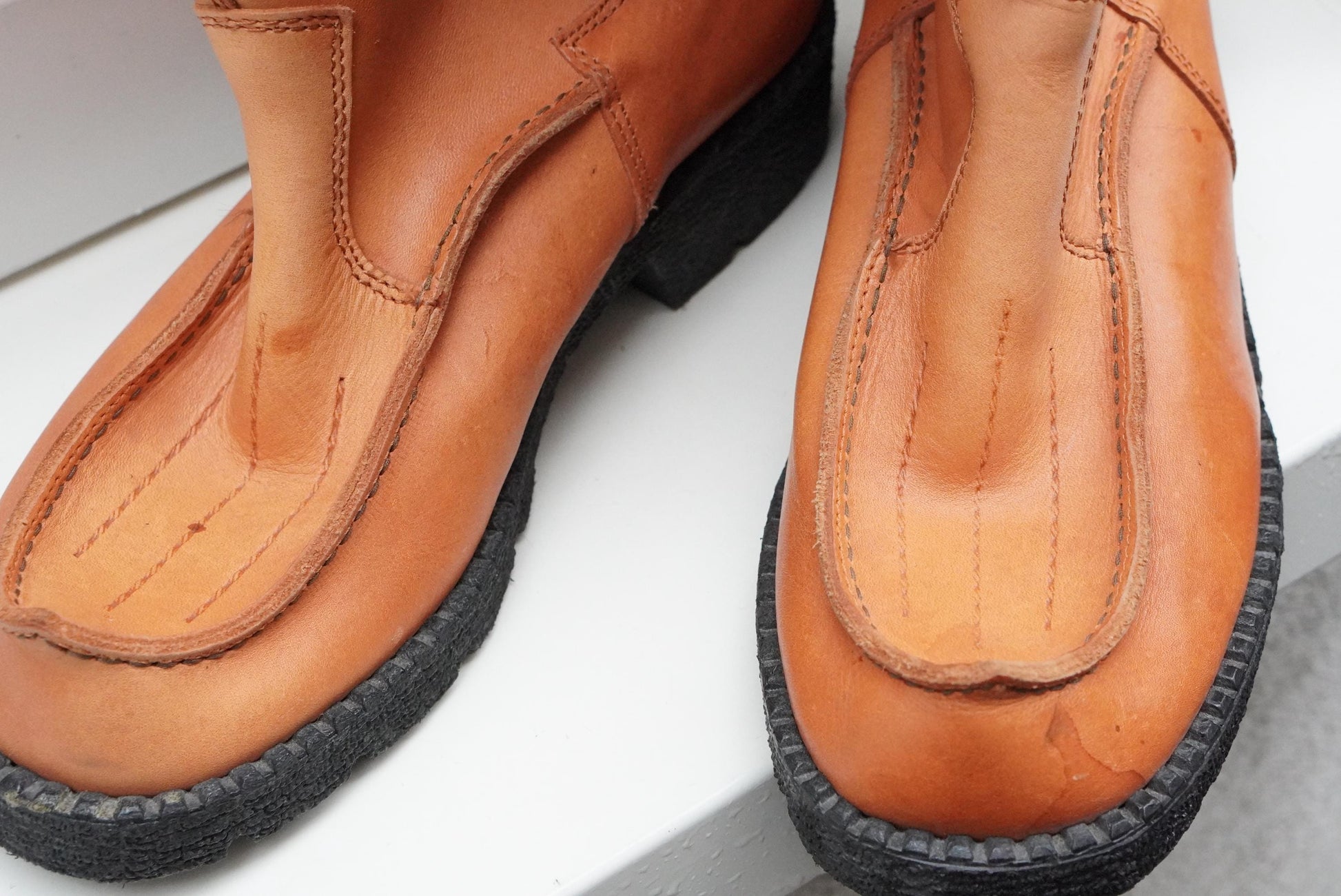 Vintage Tan Leather Moc Toe Tall Boots – 70s Nautical Style Size 37