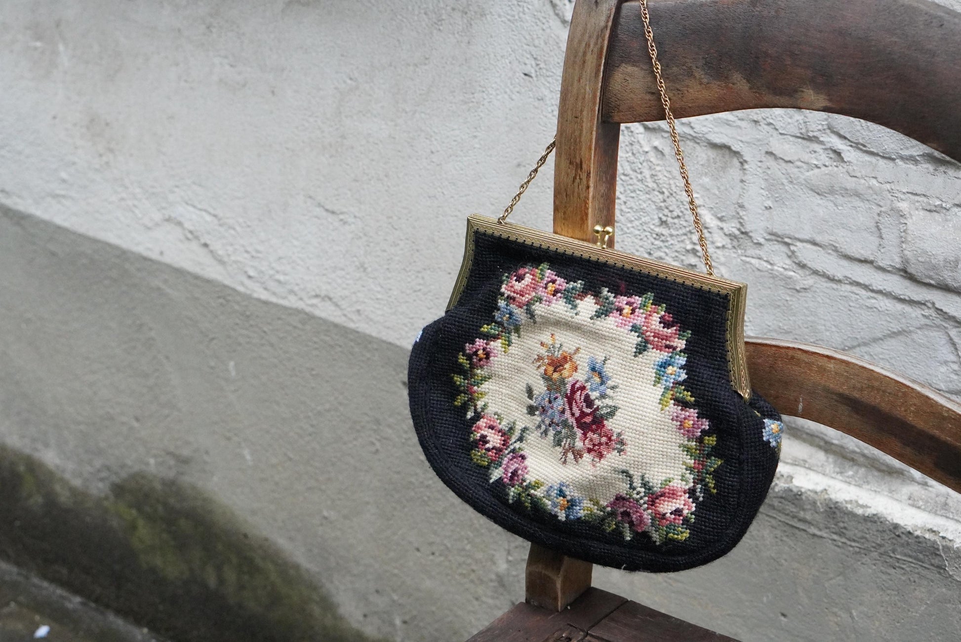 Vintage Needlepoint Handbag Floral Petit Point Purse Gold Tone Frame 1950s Evening