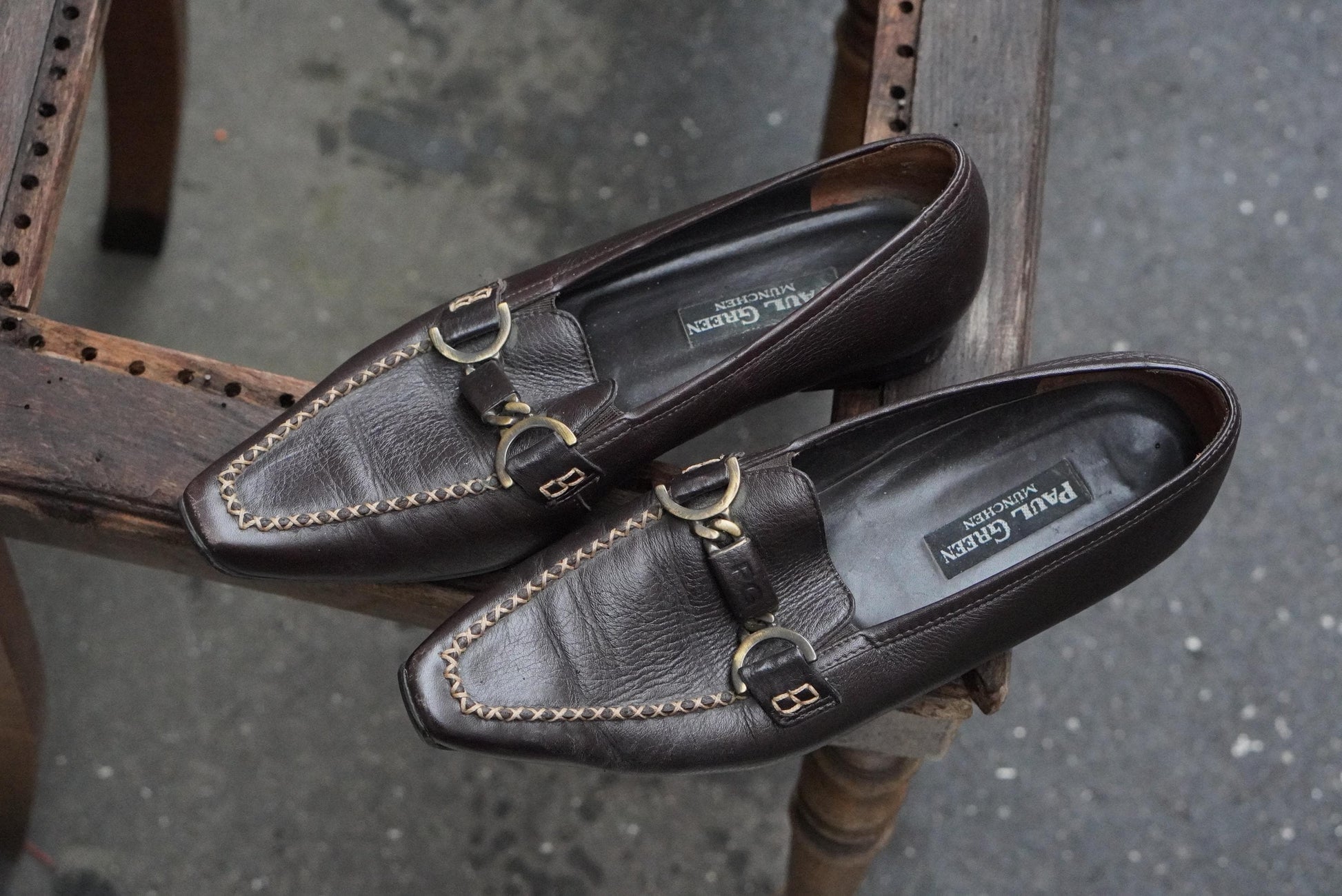Vintage Paul Green Loafers Brown Leather Metal Bit Detail Pointed Toe Shoes 38