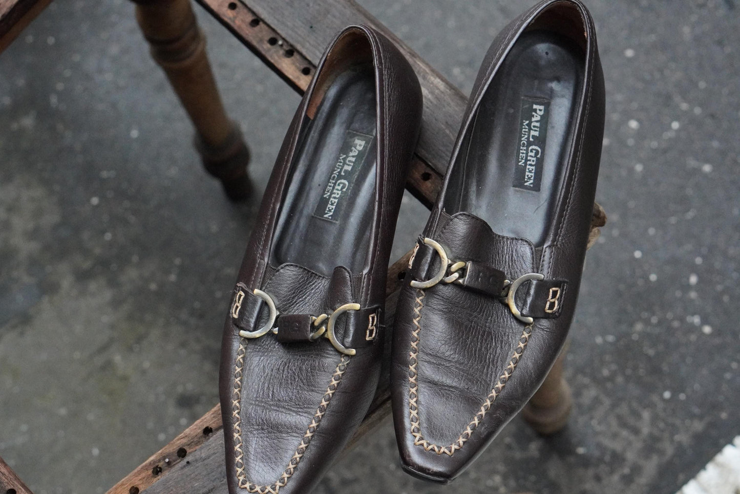 Vintage Paul Green Loafers Brown Leather Metal Bit Detail Pointed Toe Shoes 38