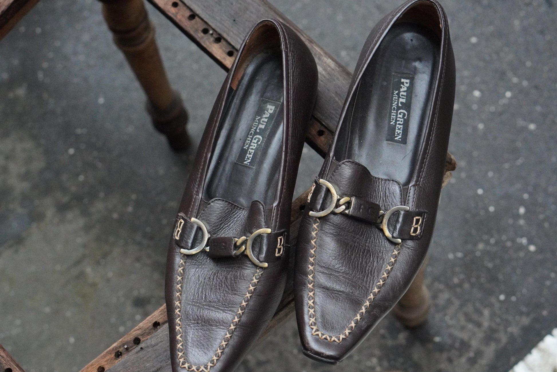 Vintage Paul Green Loafers Brown Leather Metal Bit Detail Pointed Toe Shoes 38