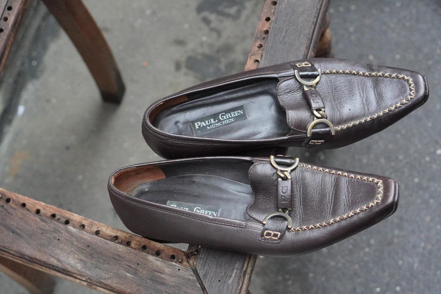 Vintage Paul Green Loafers Brown Leather Metal Bit Detail Pointed Toe Shoes 38