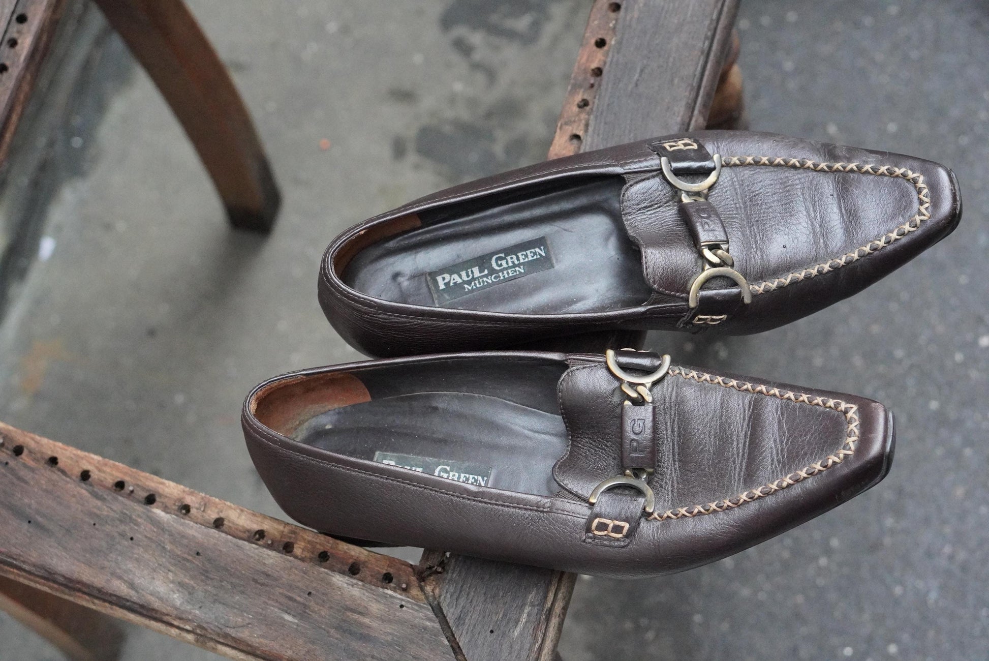 Vintage Paul Green Loafers Brown Leather Metal Bit Detail Pointed Toe Shoes 38