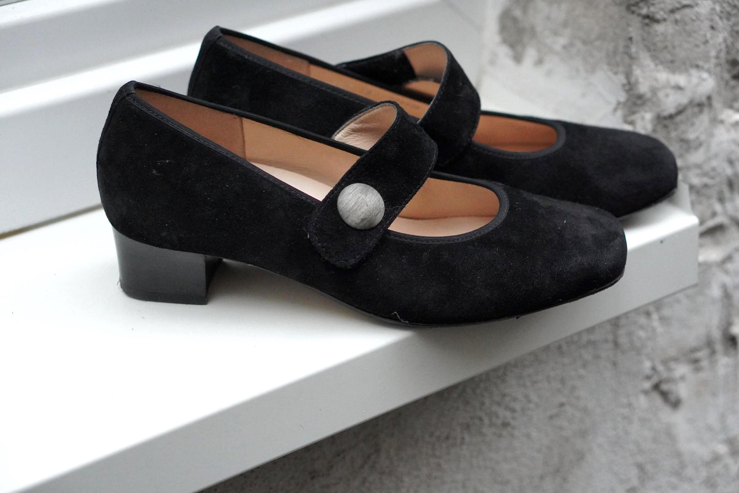 Black Suede Mary Jane Pumps: Square Toe Block Heel Shoes (UK 6)
