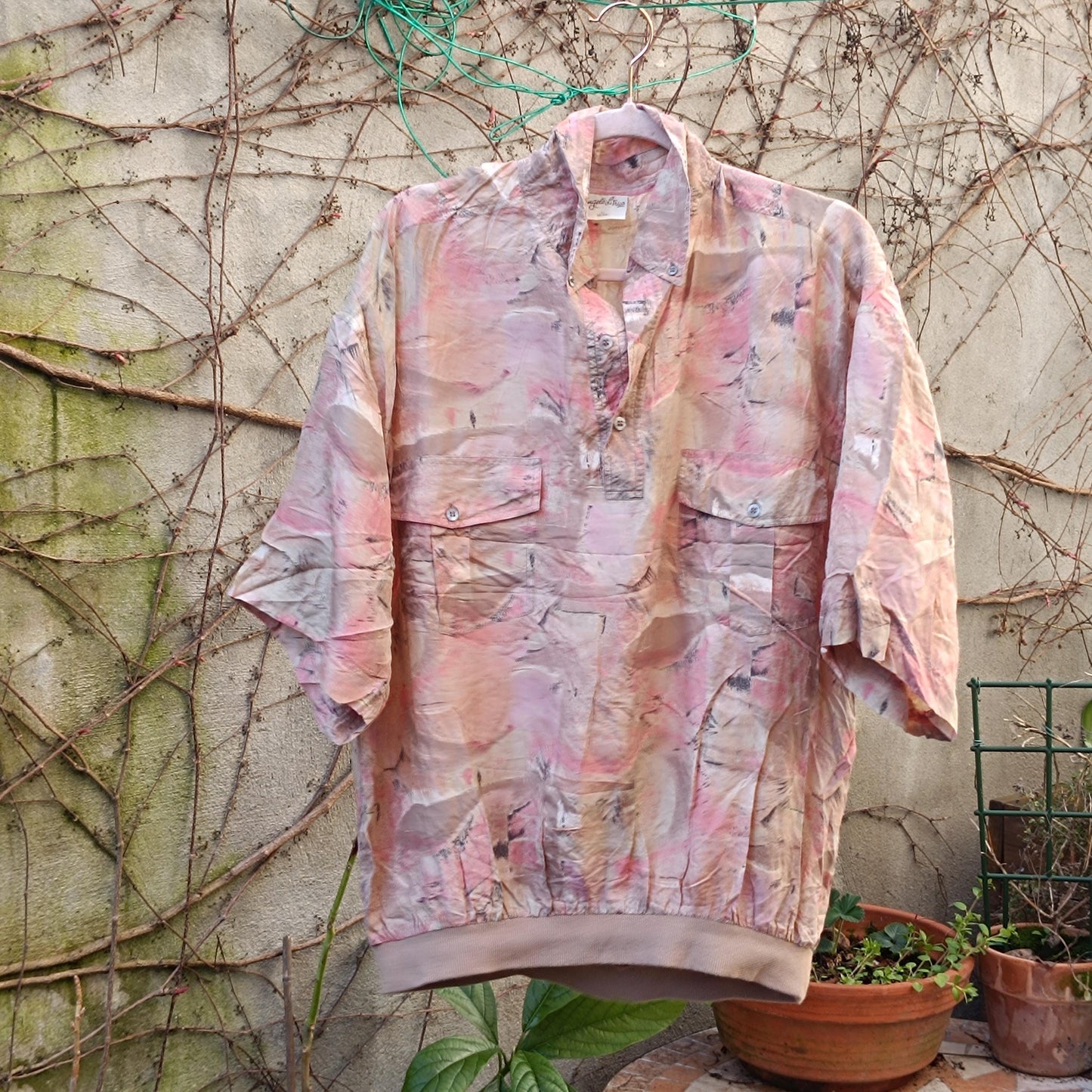 Vintage Silk Oversize Shirt Abstract Pattern Boho Loose Retro Blouse