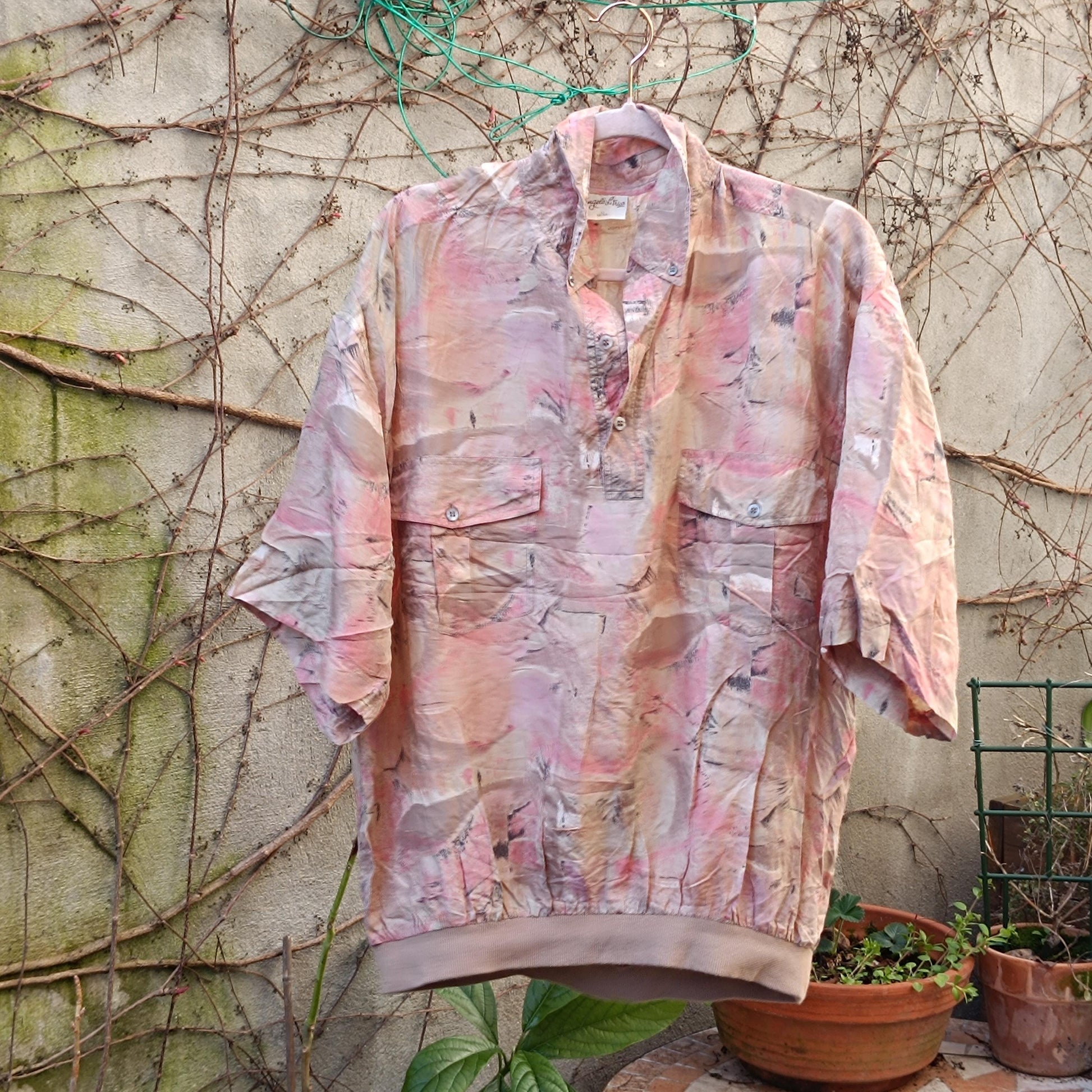Vintage Silk Oversize Shirt Abstract Pattern Boho Loose Retro Blouse