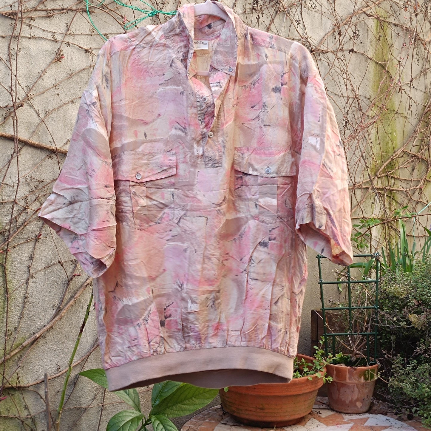 Vintage Silk Oversize Shirt Abstract Pattern Boho Loose Retro Blouse