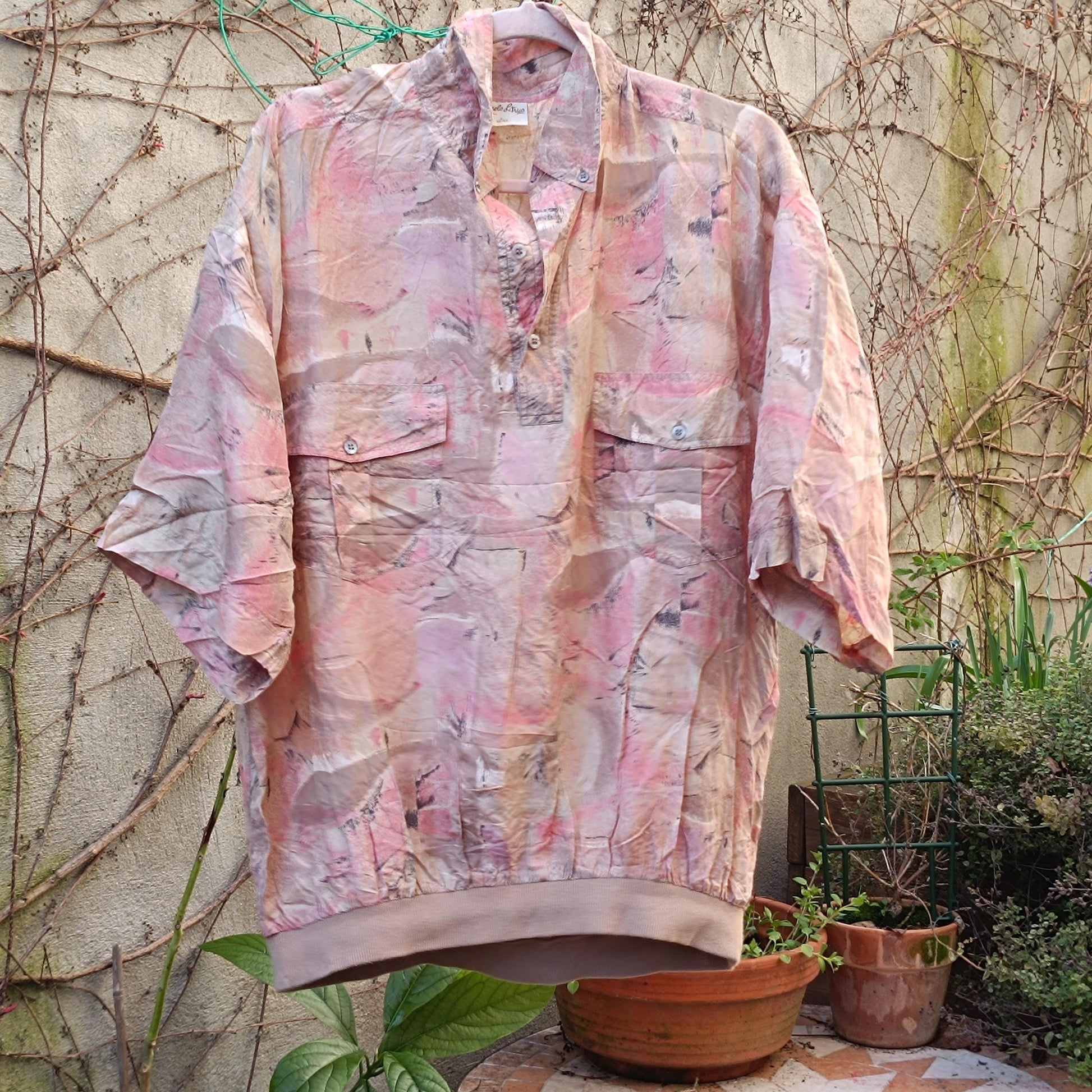 Vintage Silk Oversize Shirt Abstract Pattern Boho Loose Retro Blouse