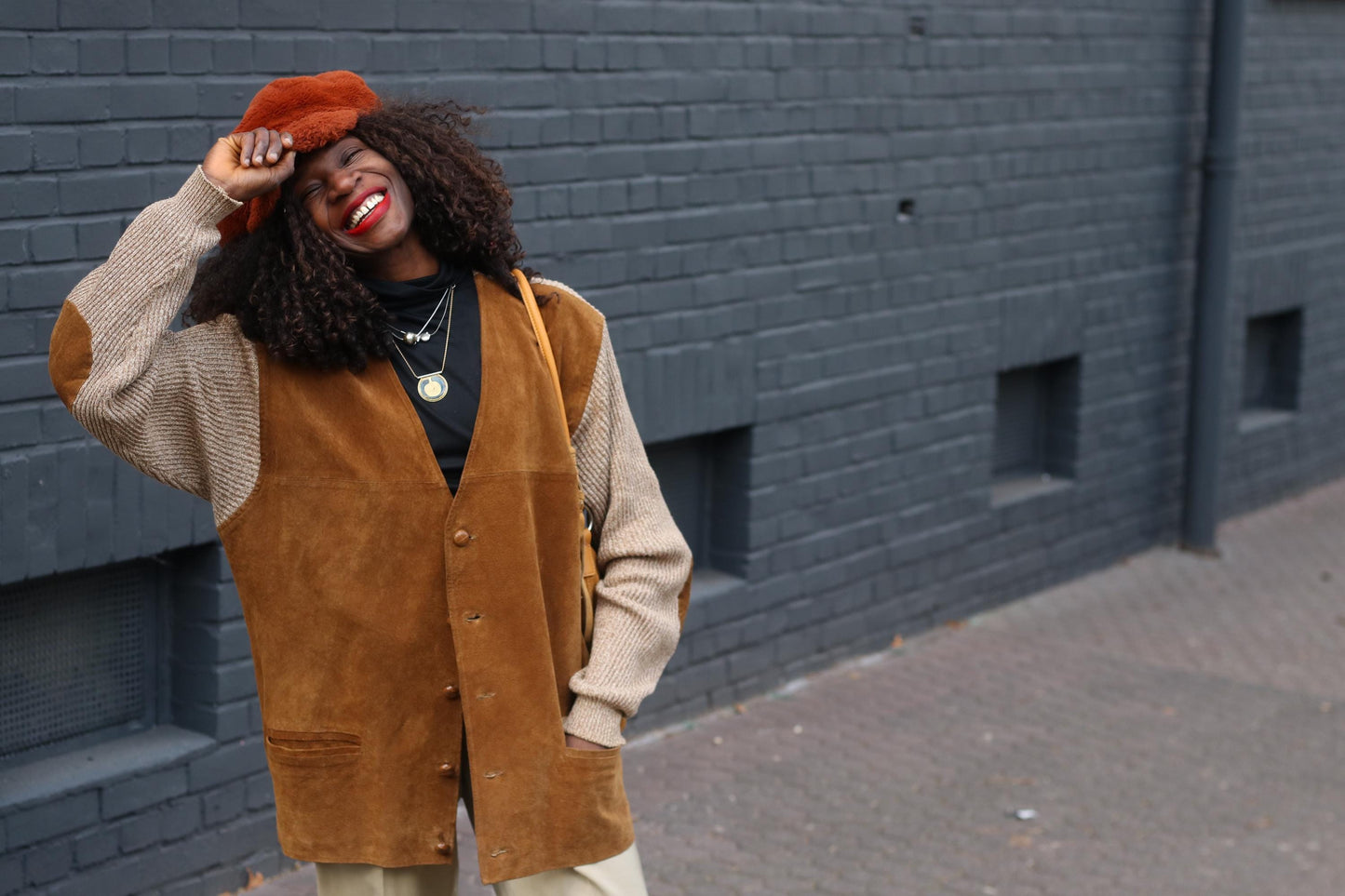 Vintage Suede Leather Cardigan Jacket Brown Knit Sleeve Boho Suede Vest Coat L