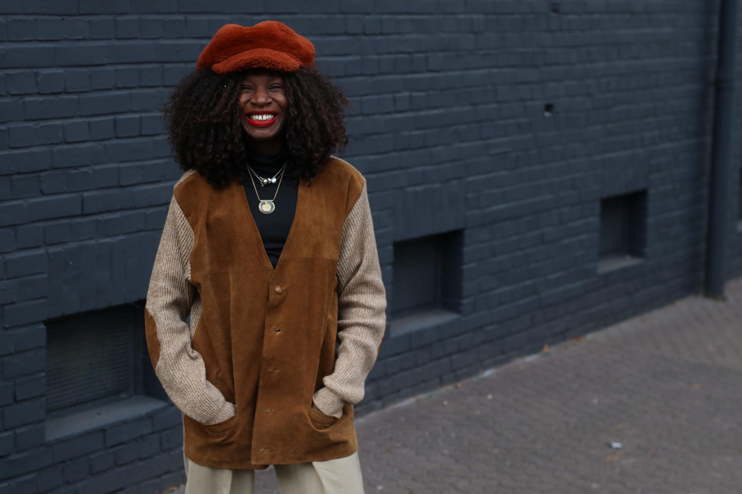 Vintage Suede Leather Cardigan Jacket Brown Knit Sleeve Boho Suede Vest Coat L