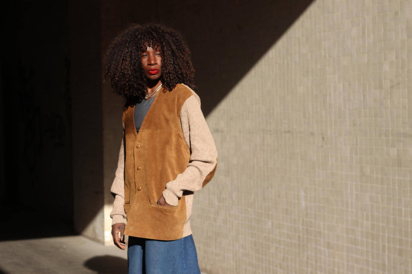 Vintage Suede Leather Cardigan Jacket Brown Knit Sleeve Boho Suede Vest Coat L