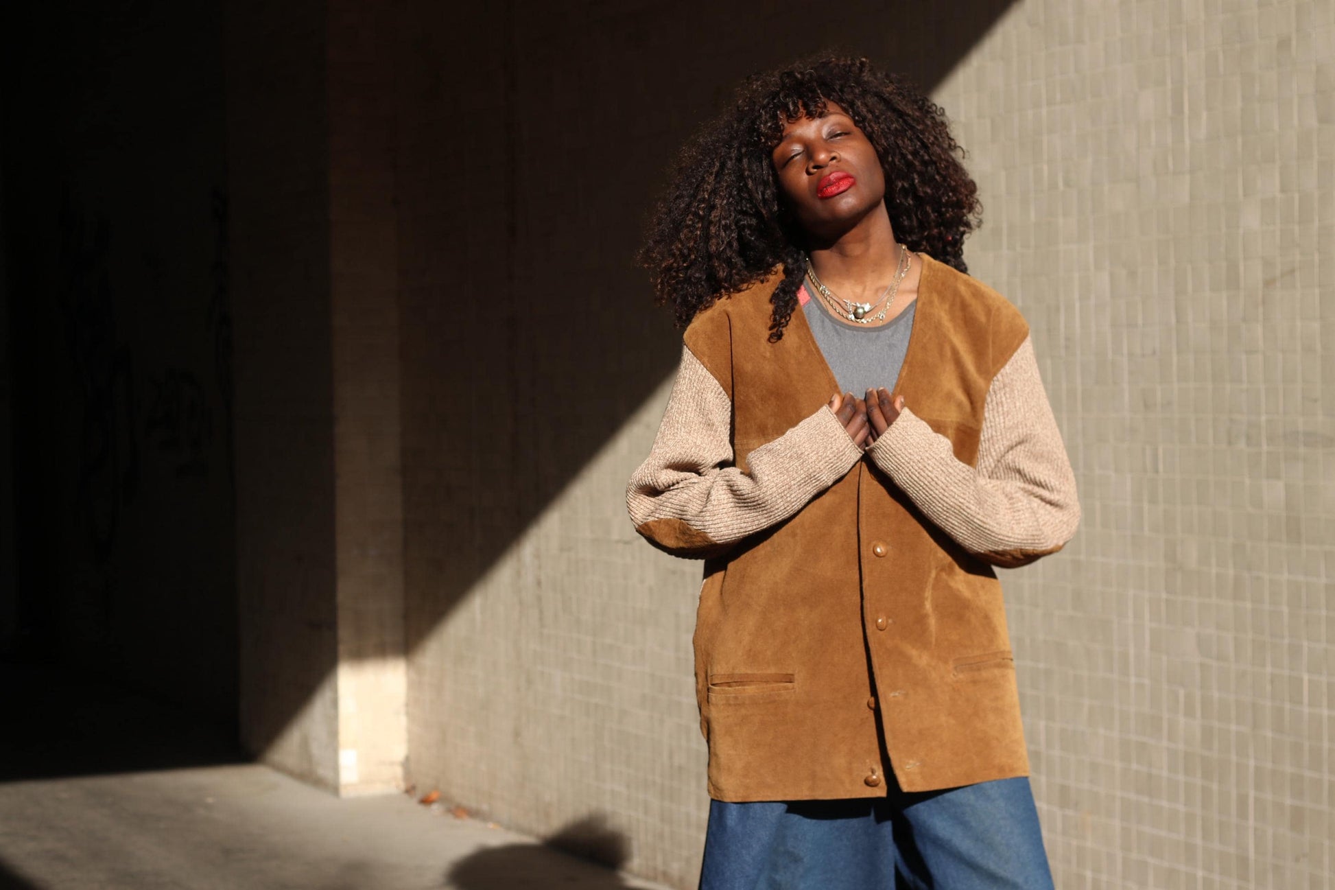 Vintage Suede Leather Cardigan Jacket Brown Knit Sleeve Boho Suede Vest Coat L