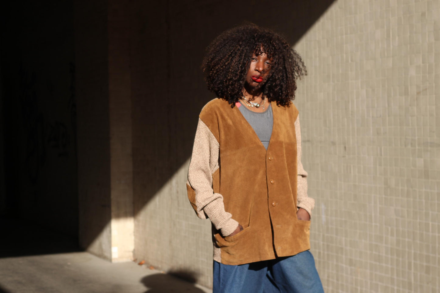 Vintage Suede Leather Cardigan Jacket Brown Knit Sleeve Boho Suede Vest Coat L