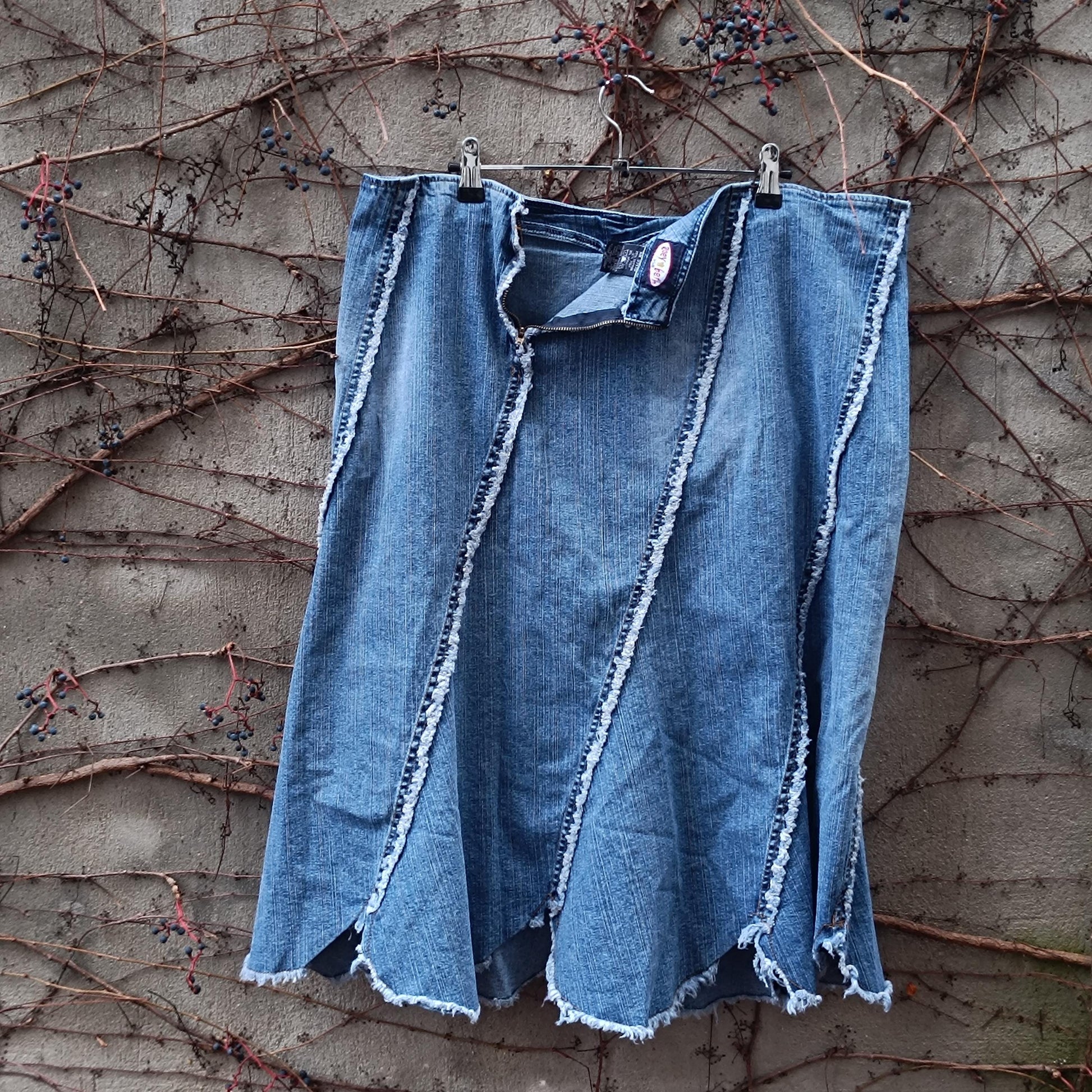 Vintage Denim Midi Skirt Deconstructed Asymmetrical Seam Blue Jean Skirt XL Plus Size