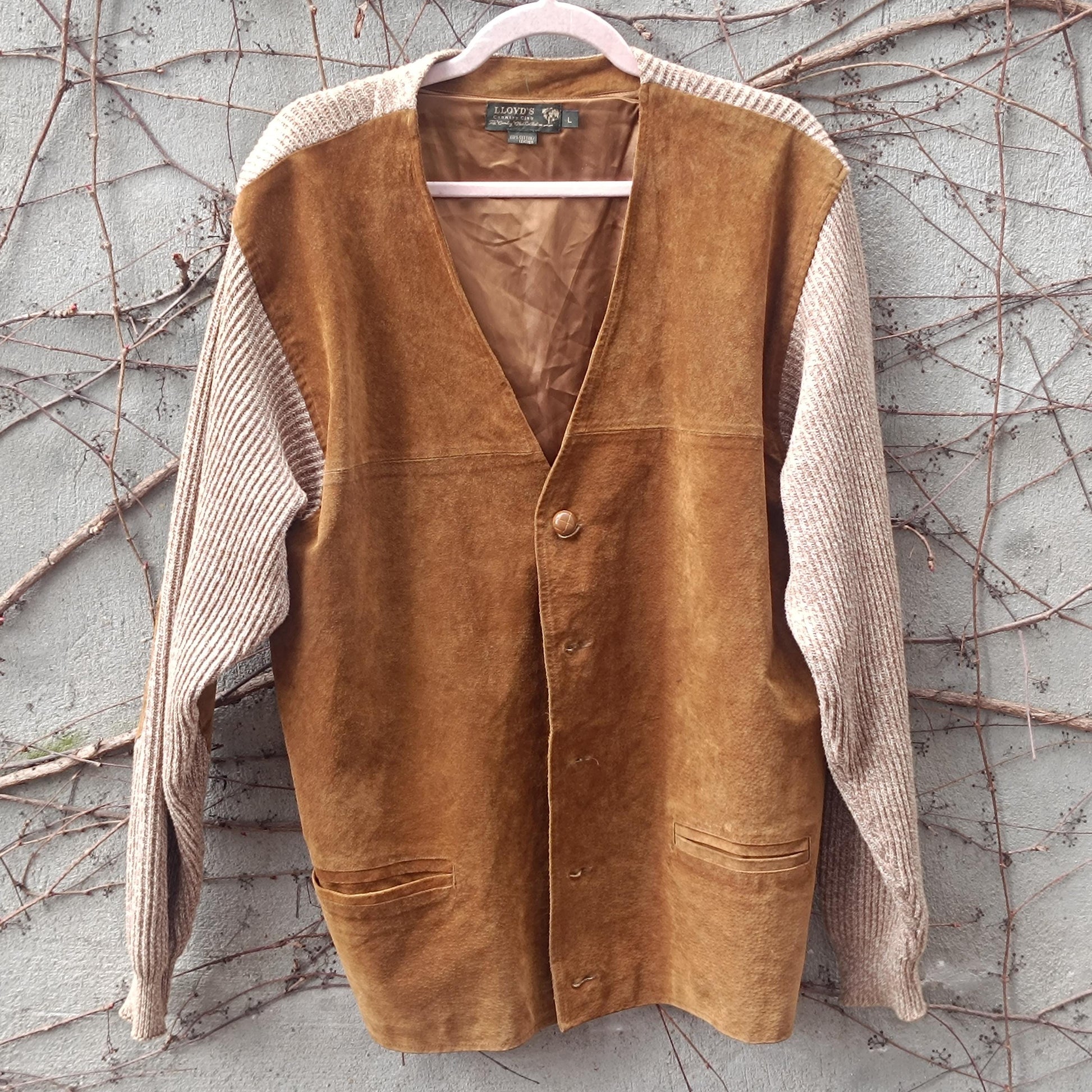 Vintage Suede Leather Cardigan Jacket Brown Knit Sleeve Boho Suede Vest Coat L