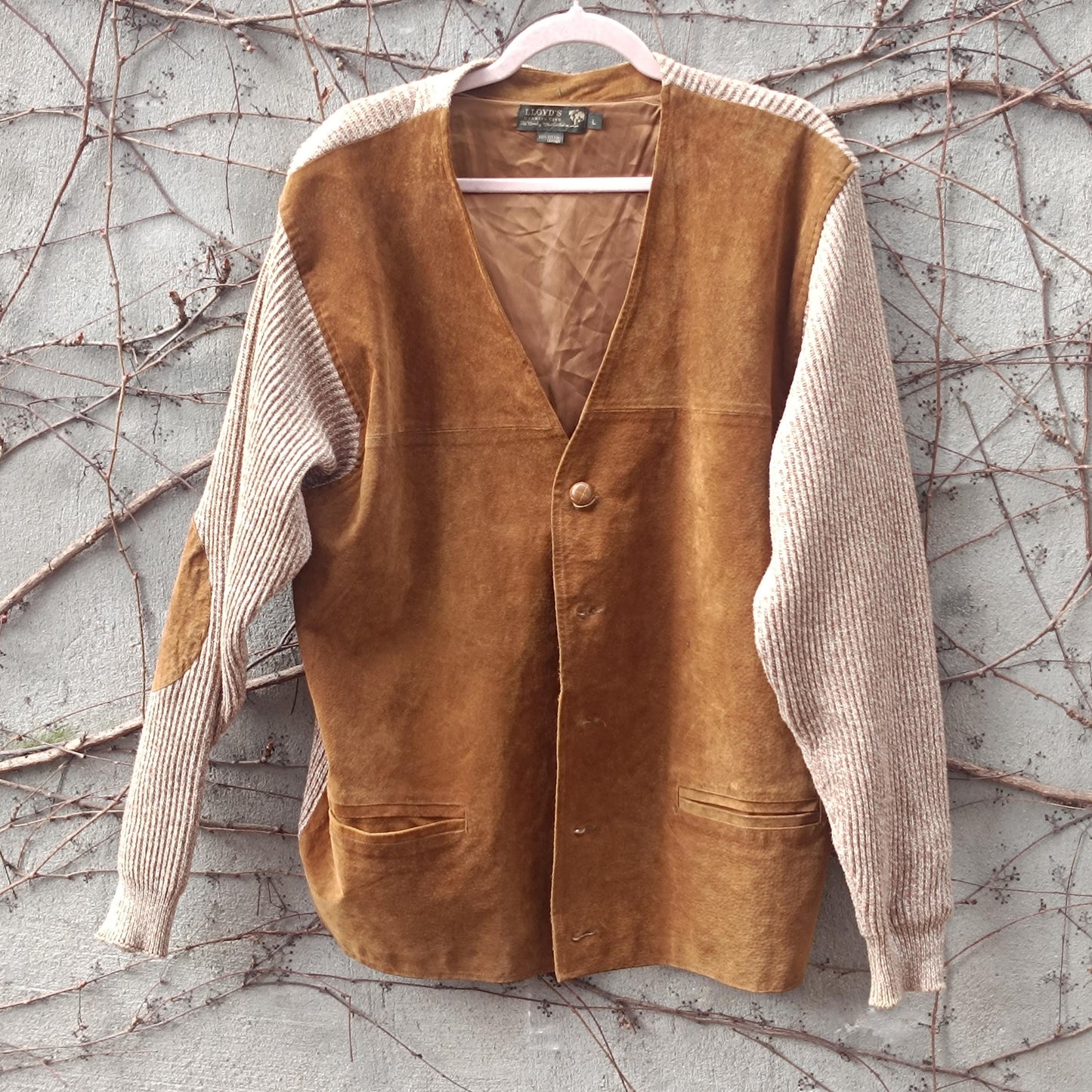 Vintage Suede Leather Cardigan Jacket Brown Knit Sleeve Boho Suede Vest Coat L