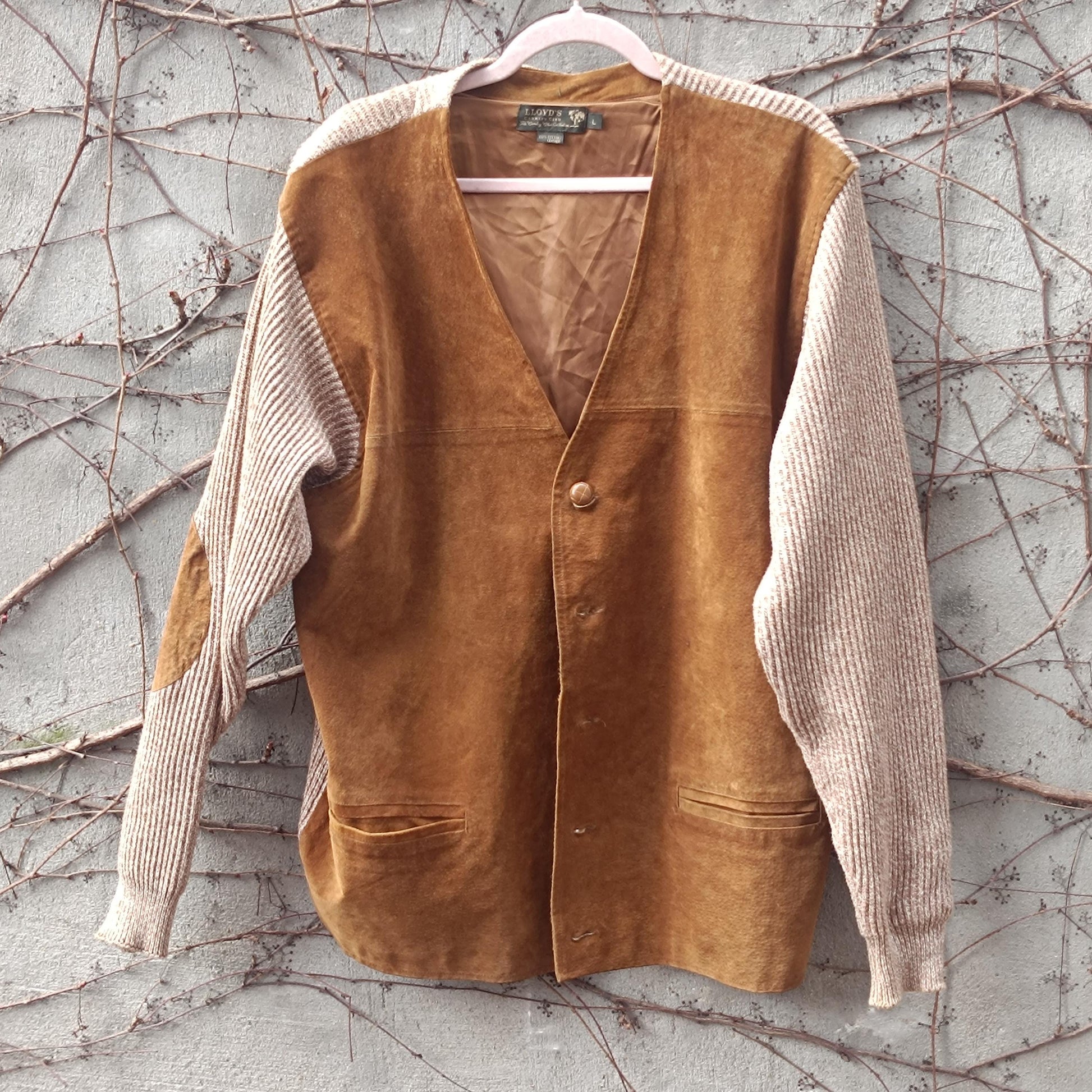 Vintage Suede Leather Cardigan Jacket Brown Knit Sleeve Boho Suede Vest Coat L