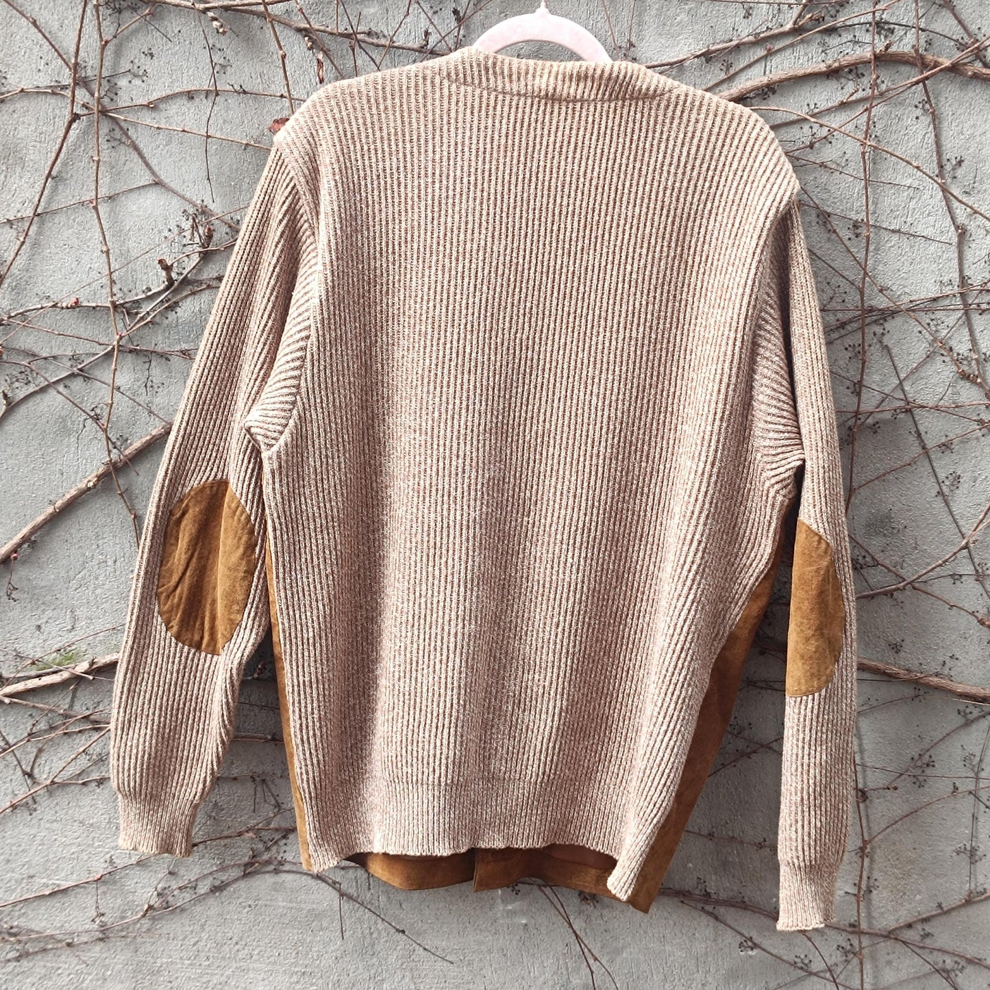 Vintage Suede Leather Cardigan Jacket Brown Knit Sleeve Boho Suede Vest Coat L